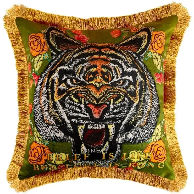 Embroidered Tiger Head Throw Pillow Covers with Fringes