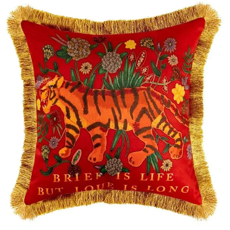 Embroidered Tiger Head Throw Pillow Covers with Fringes