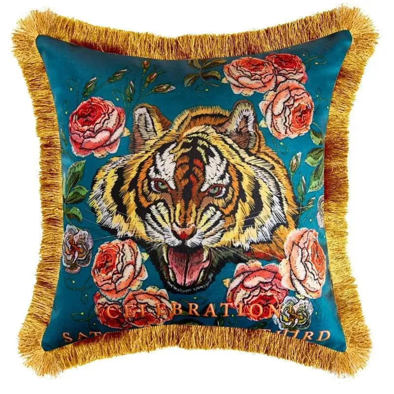 Embroidered Tiger Head Throw Pillow Covers with Fringes
