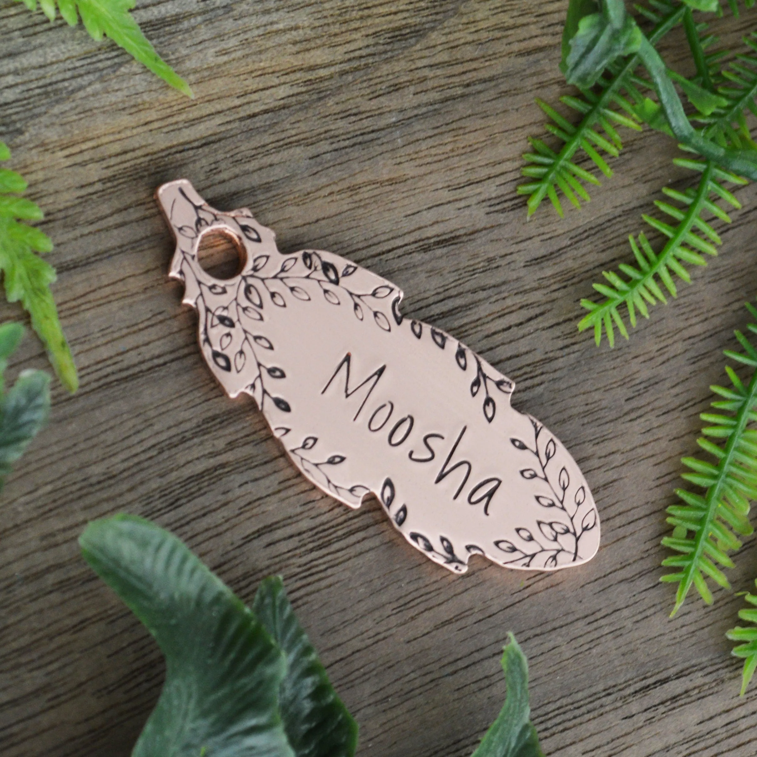 Feather in the Ferns Hand Stamped Dog Tag