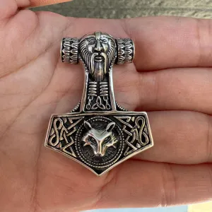 Fenrir Wolf God Mjolnir Thors Hammer Sterling Silver Pendant