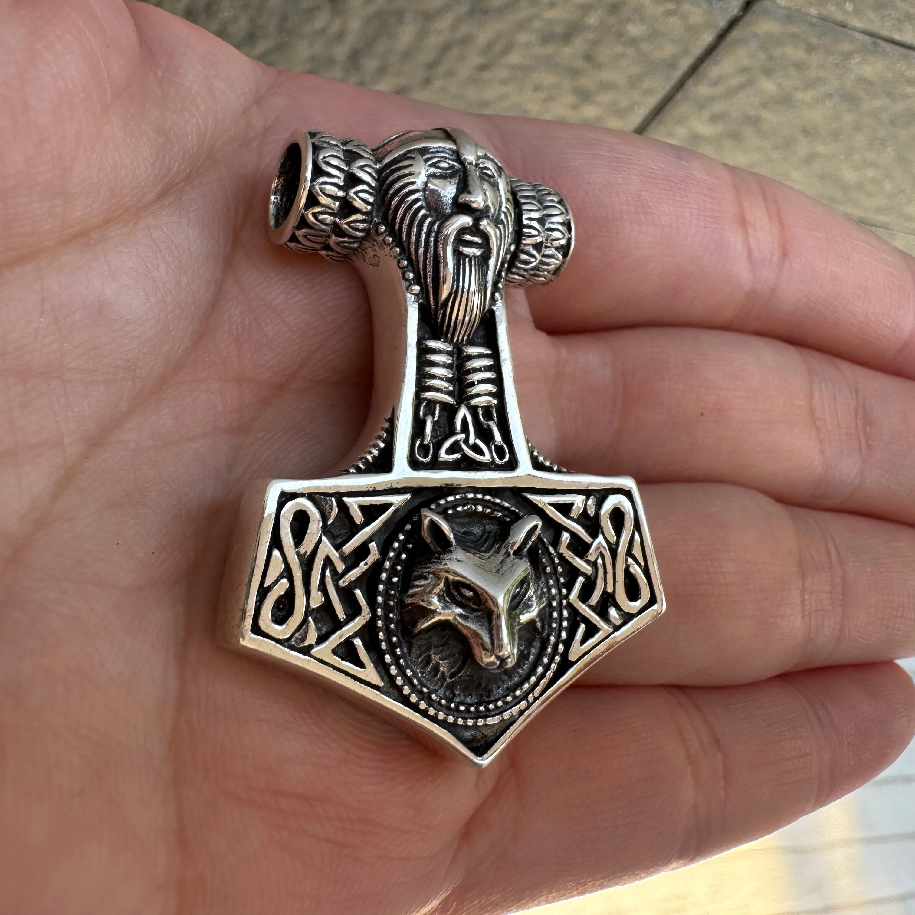 Fenrir Wolf God Mjolnir Thors Hammer Sterling Silver Pendant