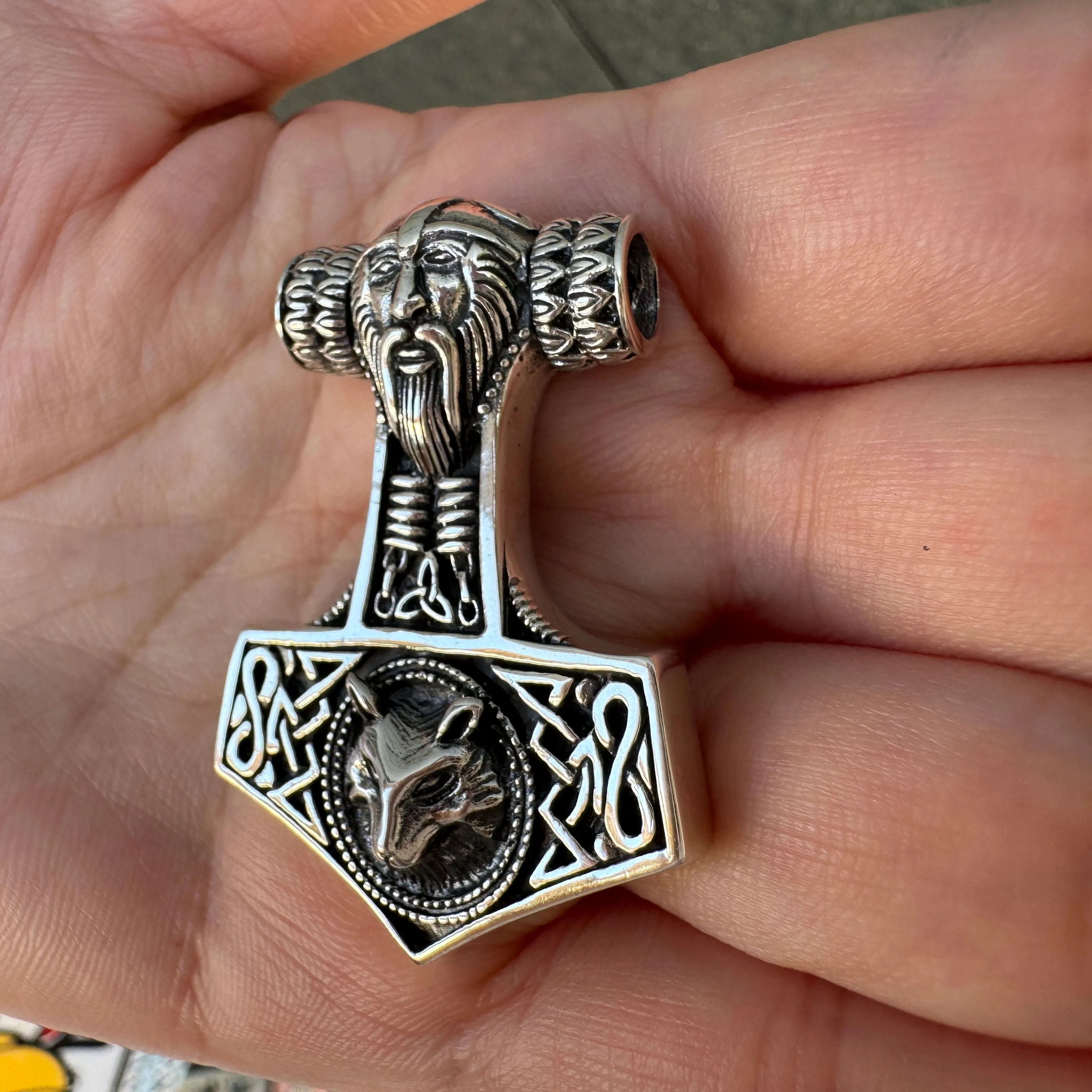 Fenrir Wolf God Mjolnir Thors Hammer Sterling Silver Pendant