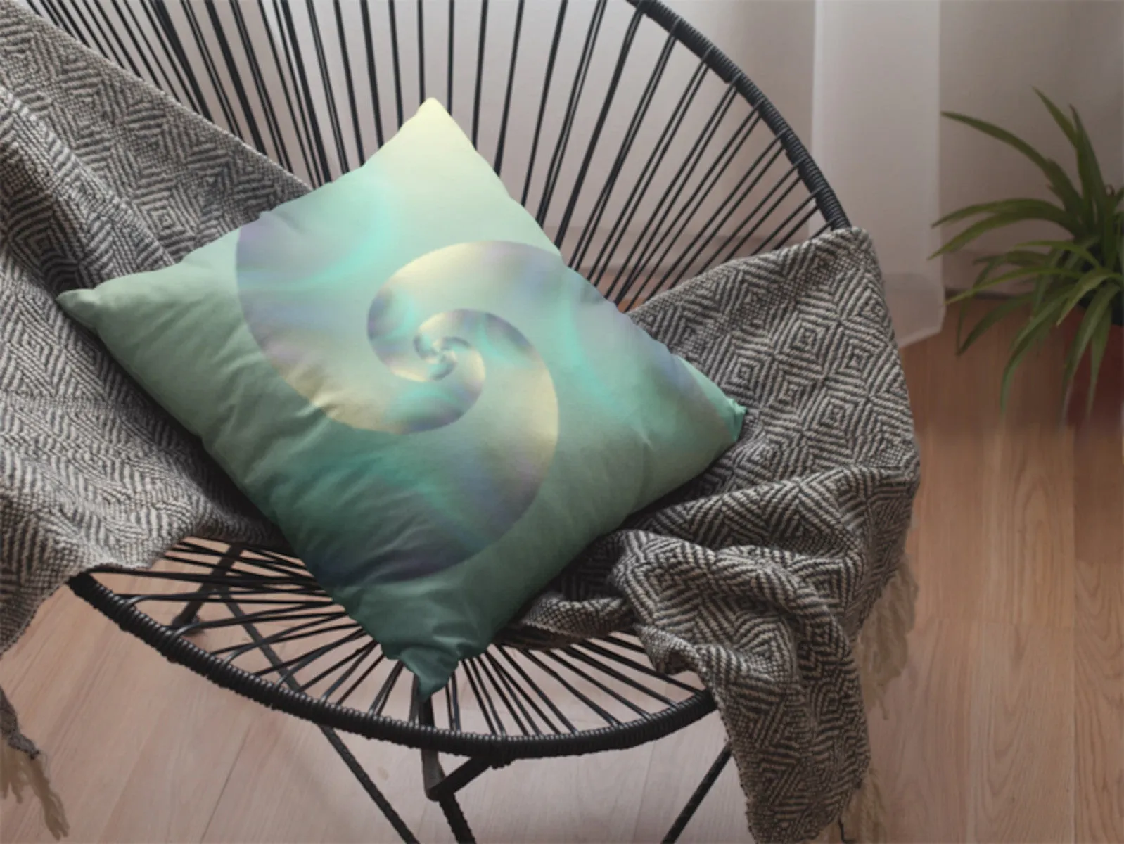 Fibonacci Spiral Throw Pillow, Aqua and Cream Reiki Decor - "Serenity Spiral"