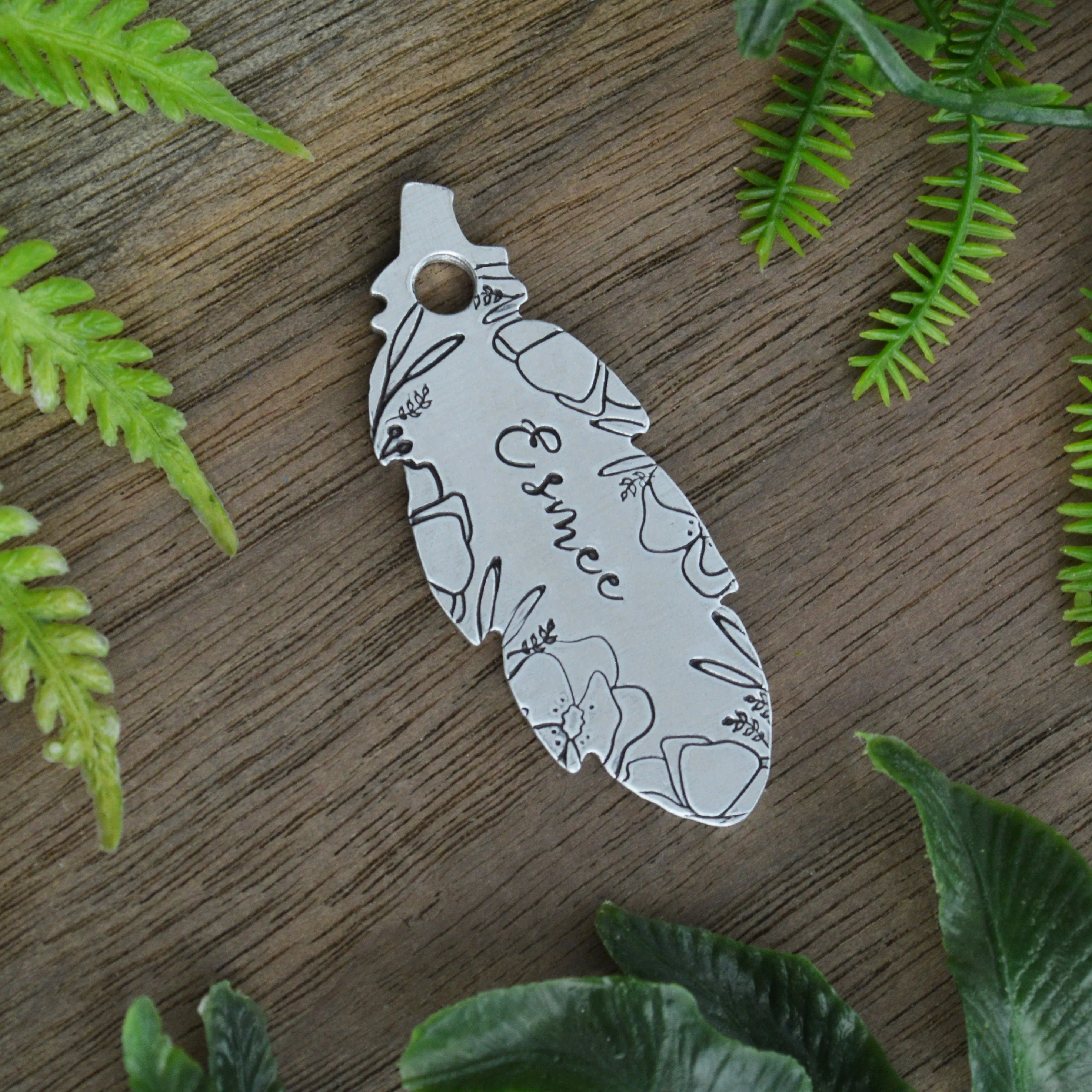 Floral Feather Hand Stamped Dog Tag