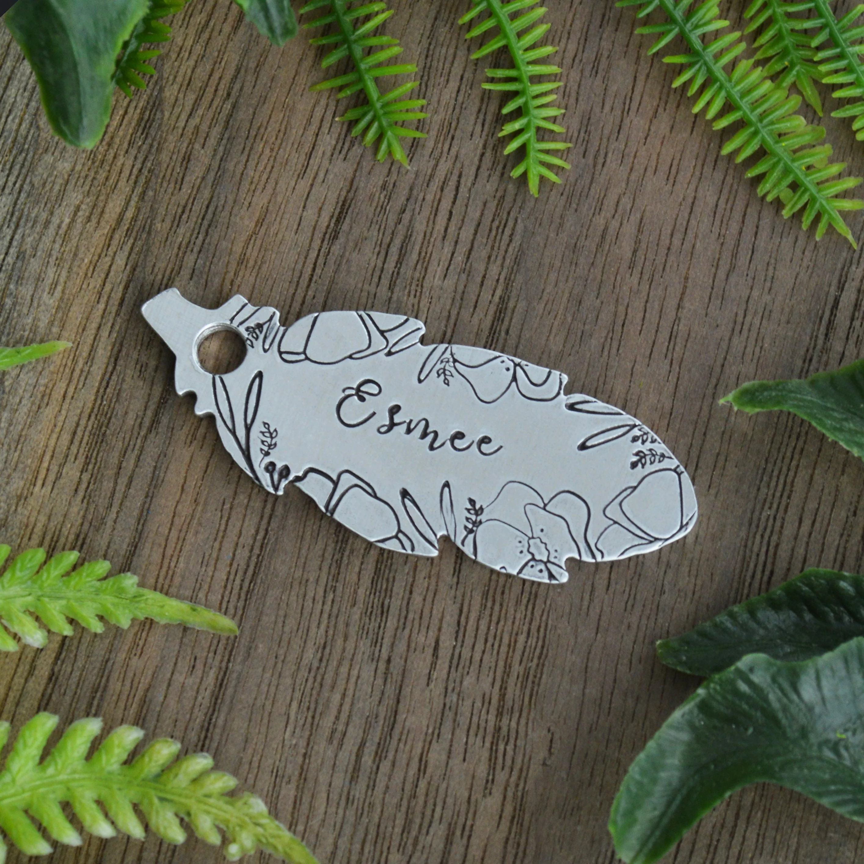 Floral Feather Hand Stamped Dog Tag