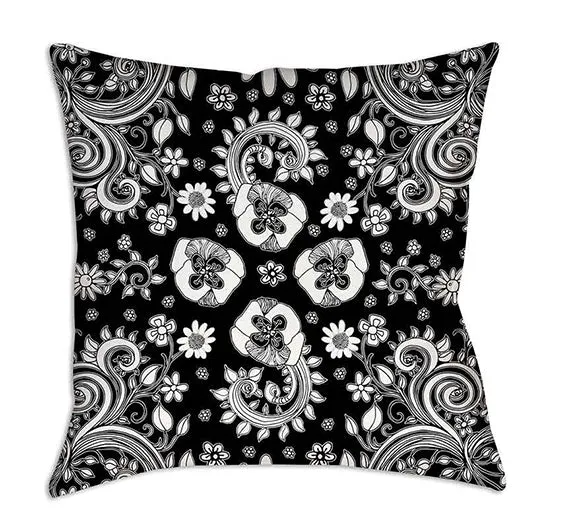 Floral Throw Pillow 'Black white floral 01'