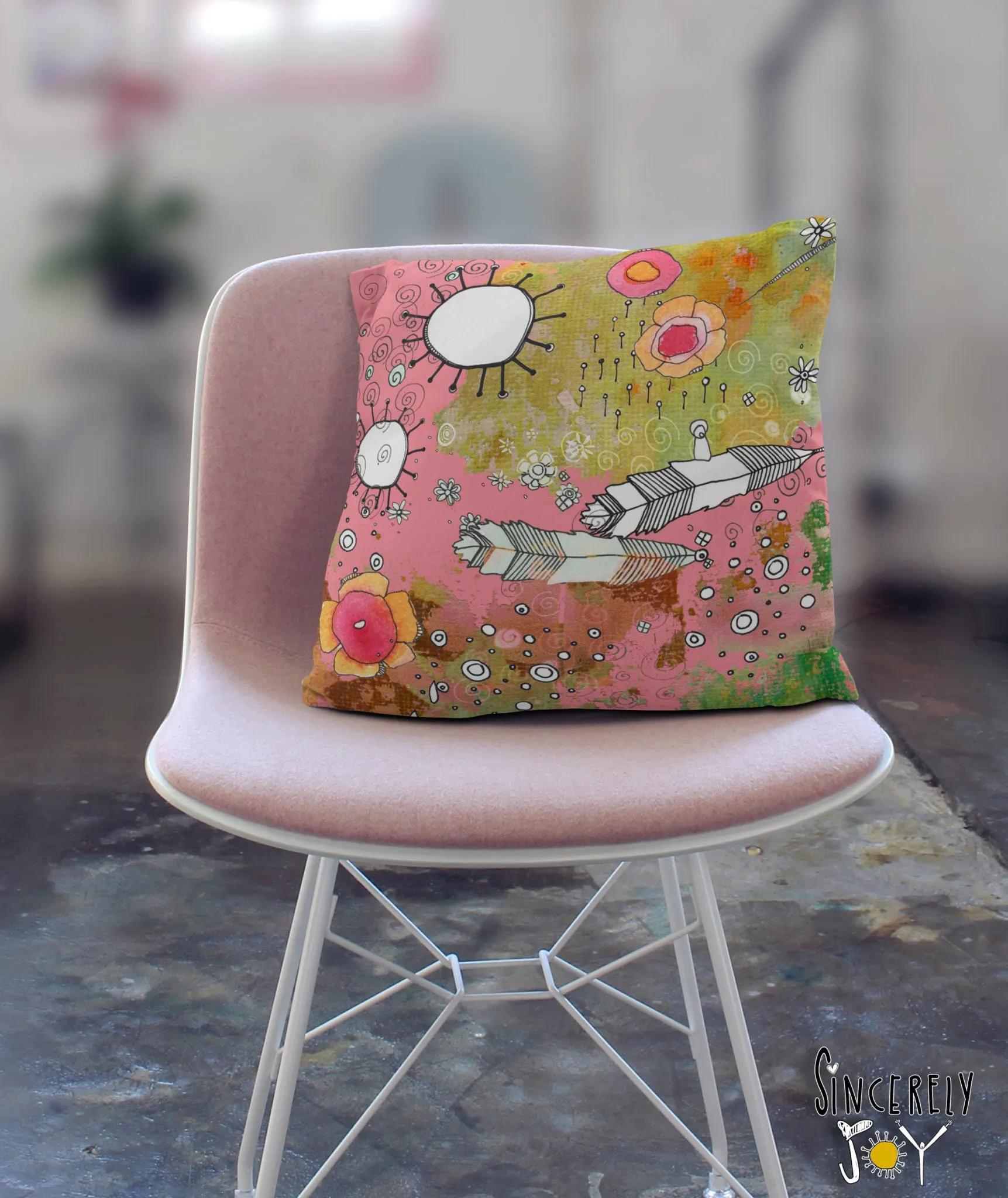 Floral Throw Pillow 'Pink Feathers, Flowers, Showers 01'