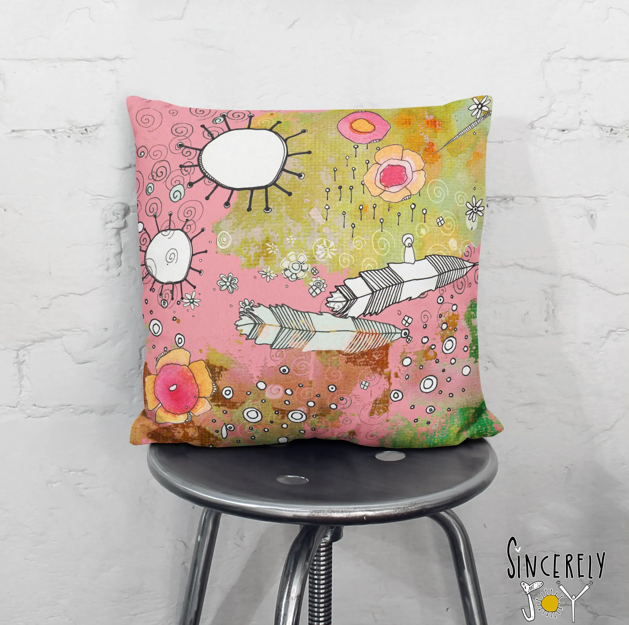Floral Throw Pillow 'Pink Feathers, Flowers, Showers 01'
