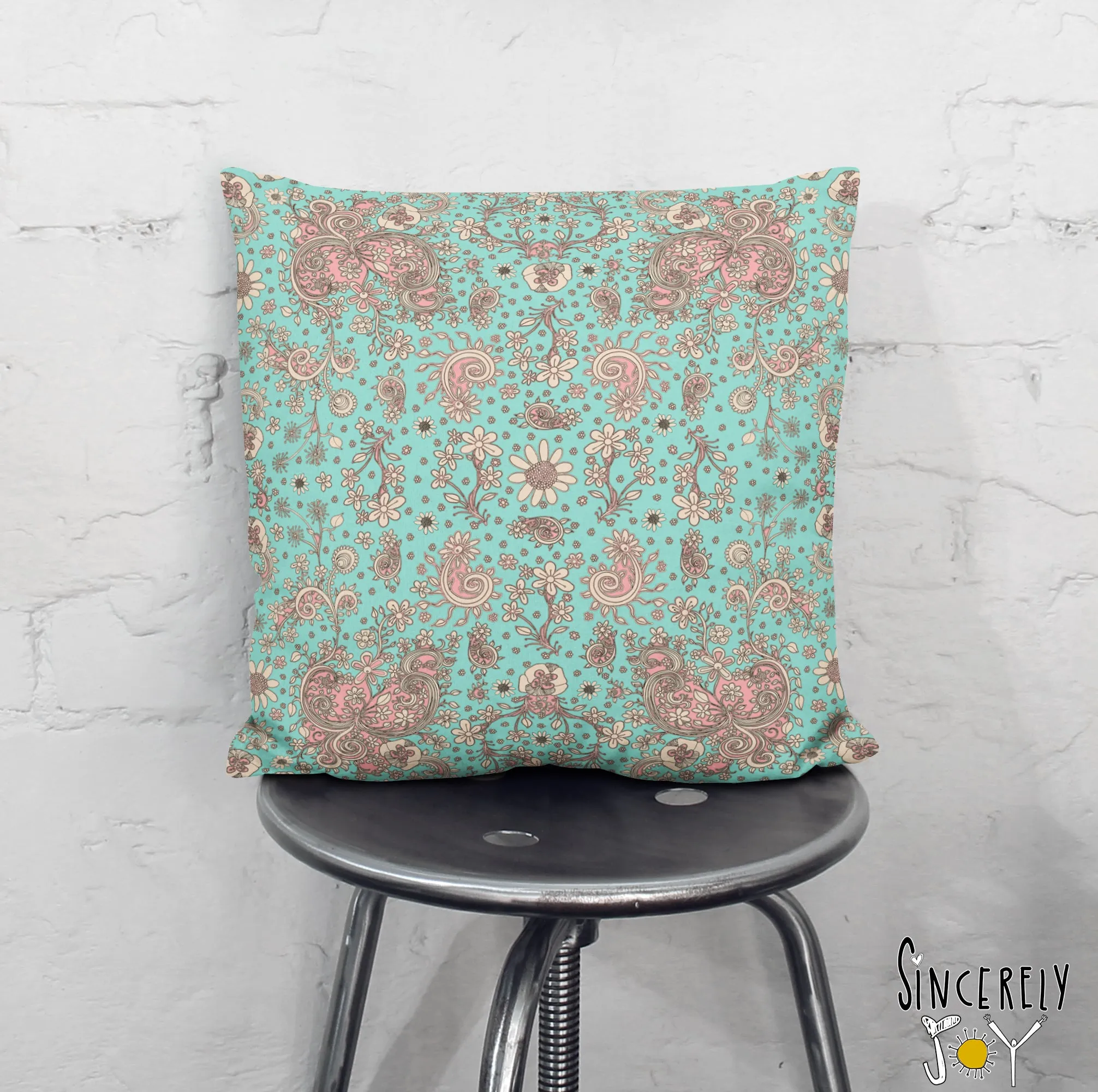 Floral Throw Pillow 'Teal Birds of a Flower 01'