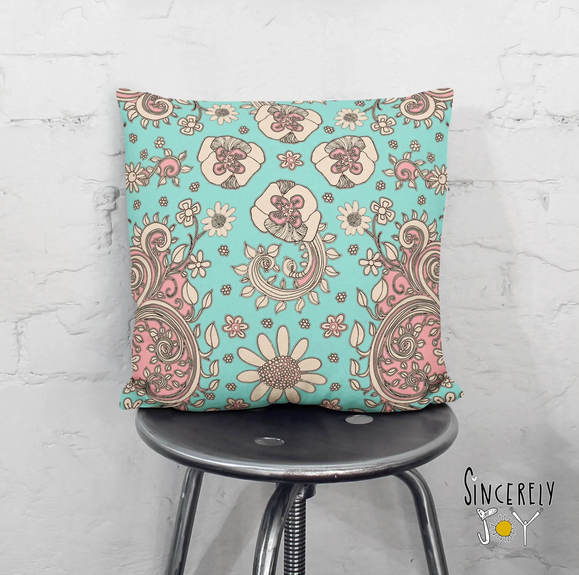Floral Throw Pillow 'Teal Birds of a Flower 02'