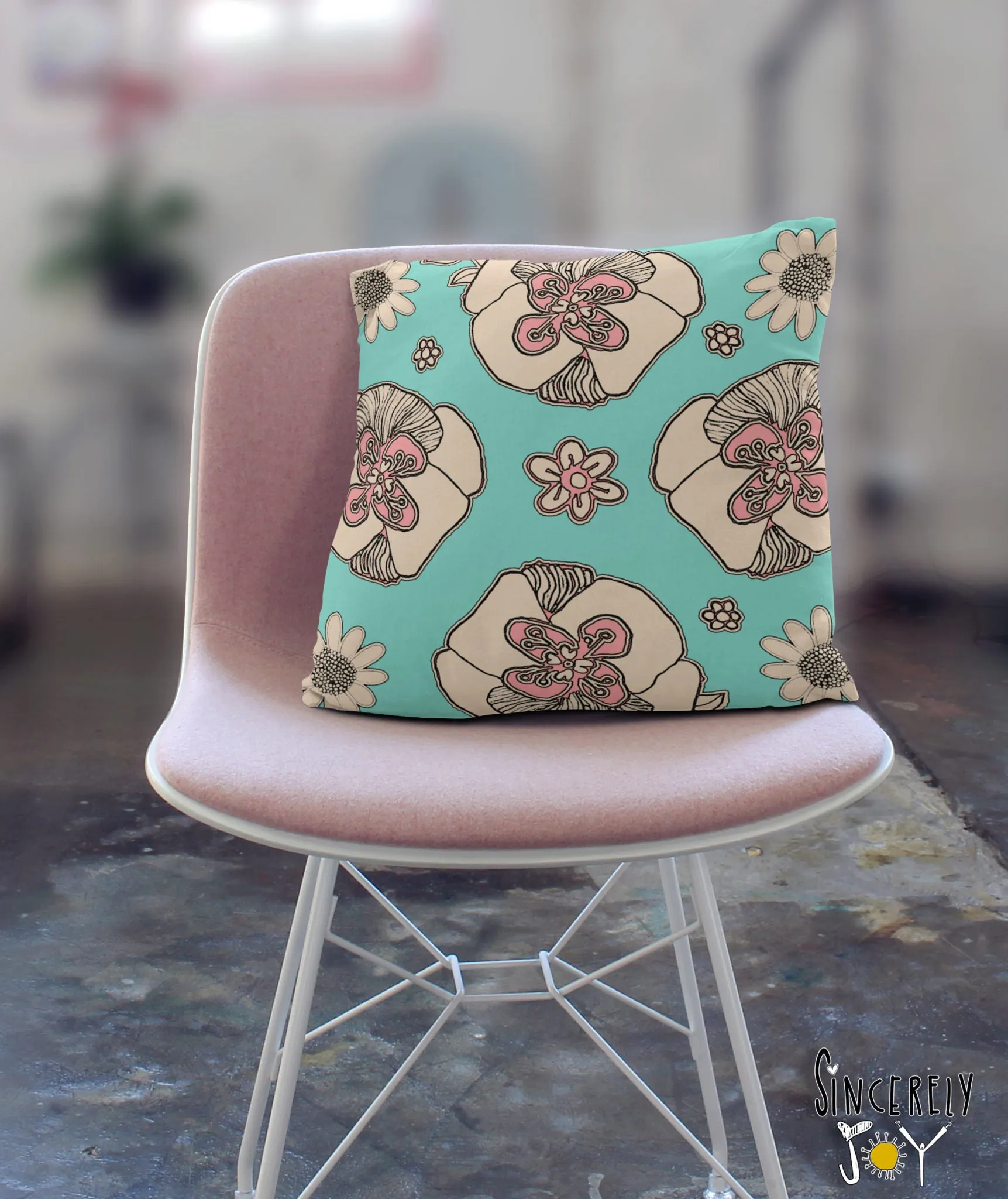 Floral Throw Pillow 'Teal Birds of a Flower 03'