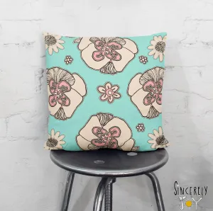 Floral Throw Pillow 'Teal Birds of a Flower 03'