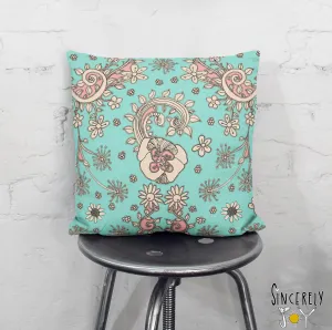 Floral Throw Pillow 'Teal Birds of a Flower 04'