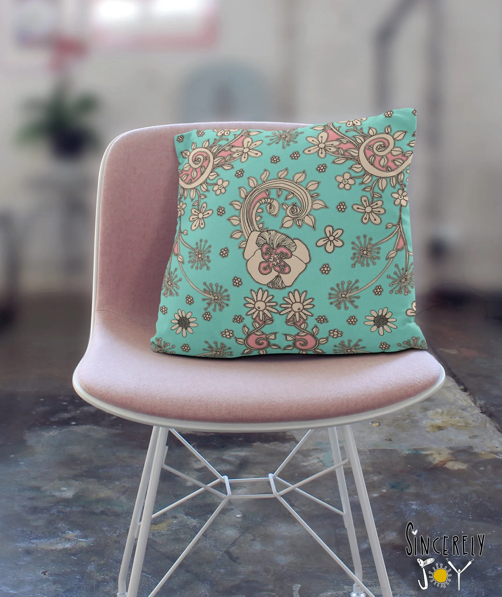 Floral Throw Pillow 'Teal Birds of a Flower 04'