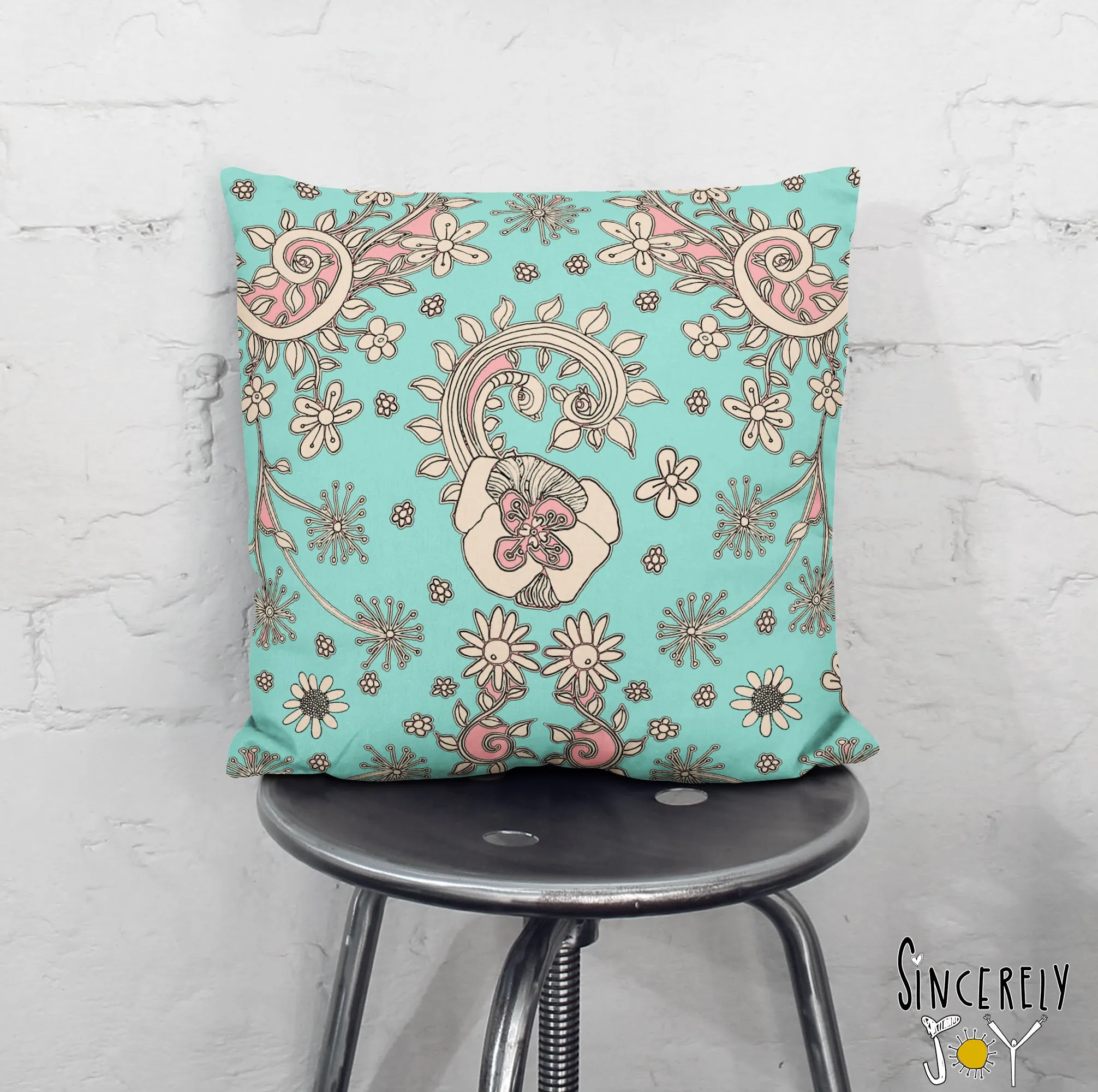 Floral Throw Pillow 'Teal Birds of a Flower 04'