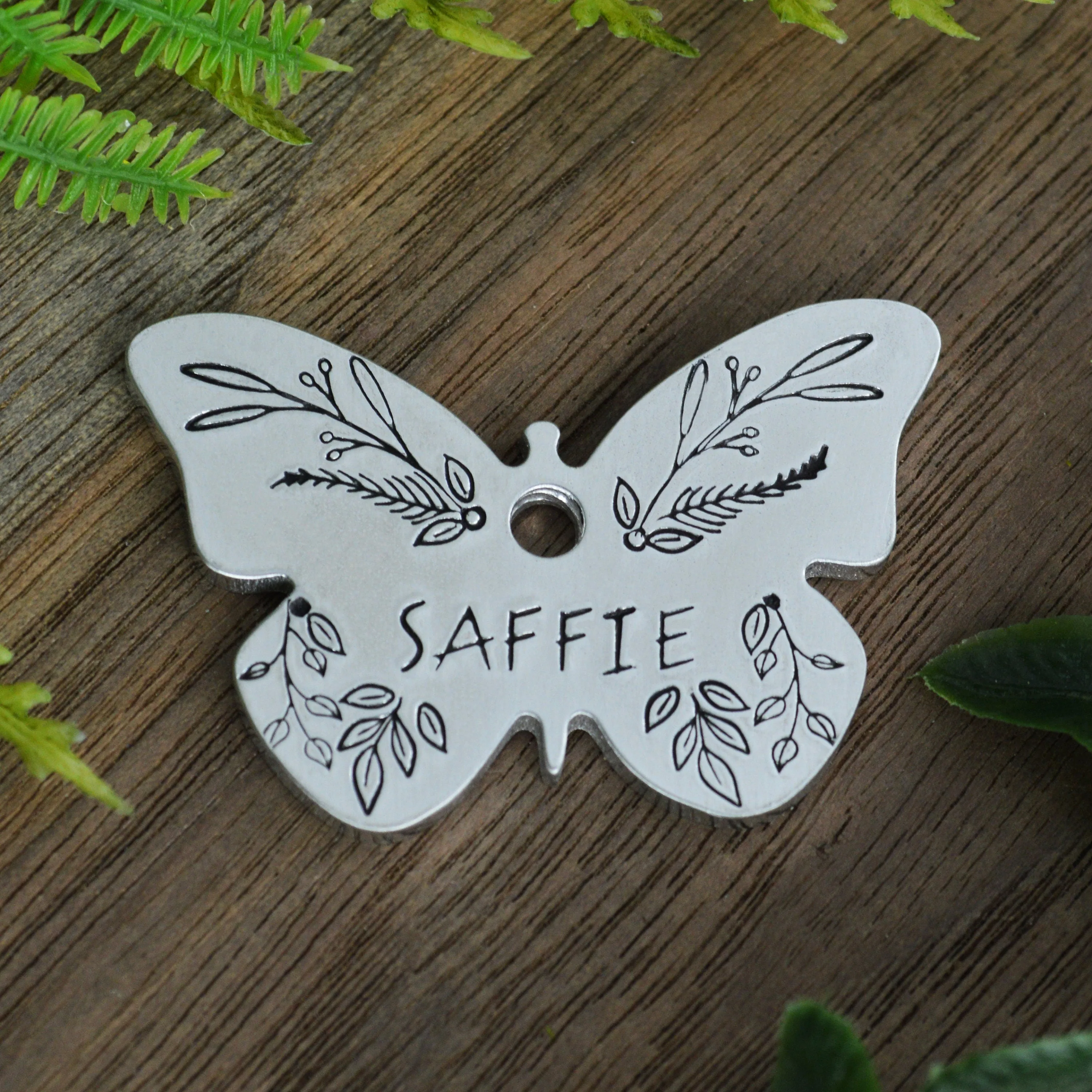 Flutter and Foliage Hand Stamped Dog Collar Tag
