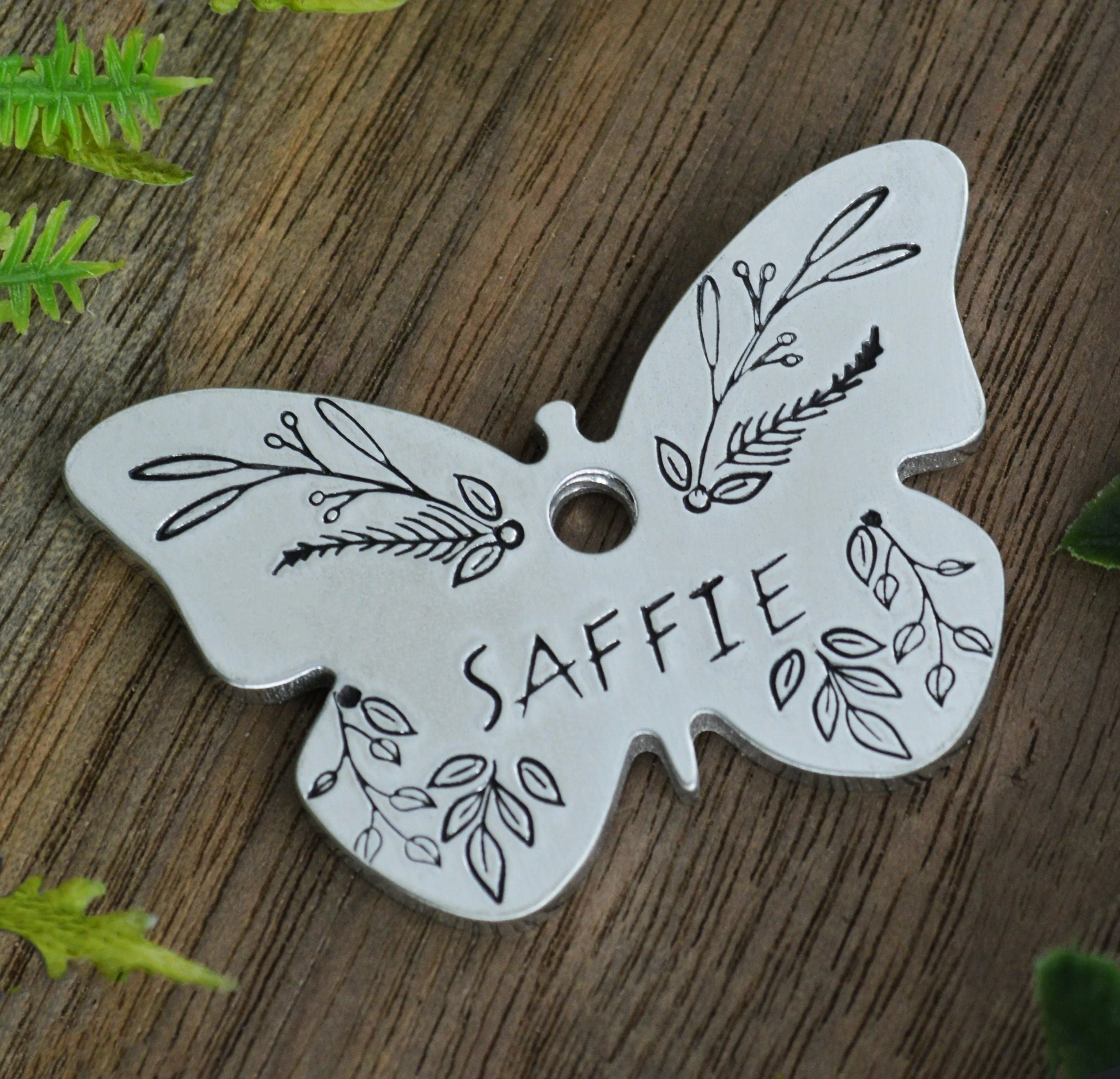 Flutter and Foliage Hand Stamped Dog Collar Tag