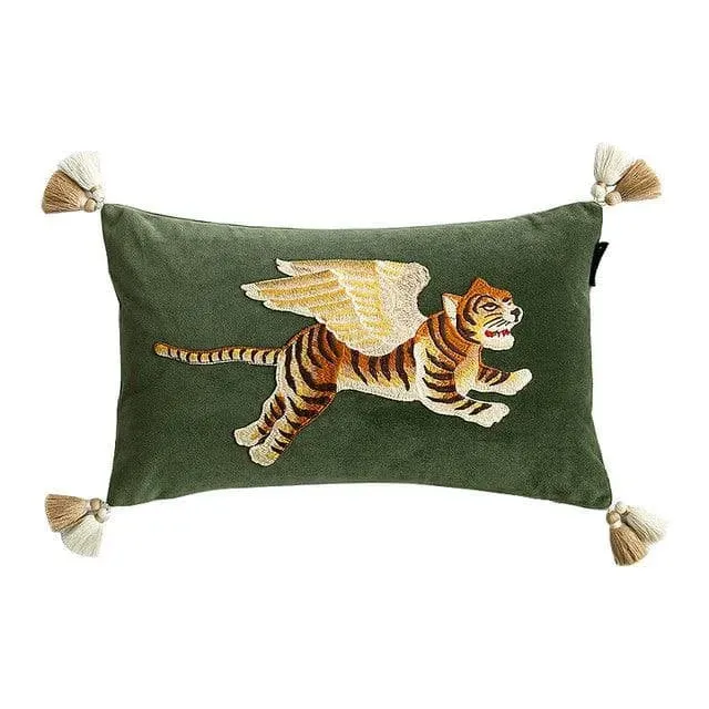 Flying Angelic Wing Tiger Embroidered Throw Pillow Cover