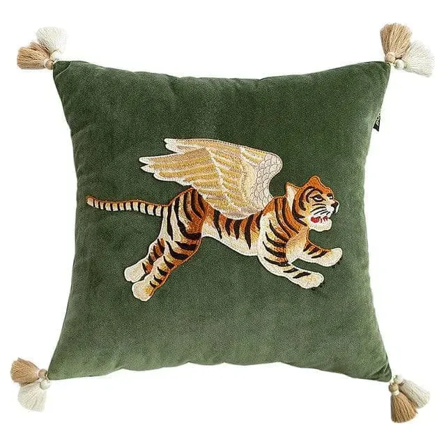 Flying Angelic Wing Tiger Embroidered Throw Pillow Cover