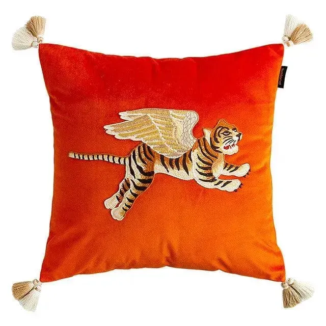 Flying Angelic Wing Tiger Embroidered Throw Pillow Cover