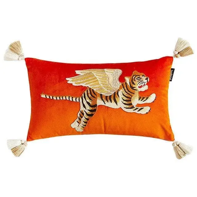 Flying Angelic Wing Tiger Embroidered Throw Pillow Cover