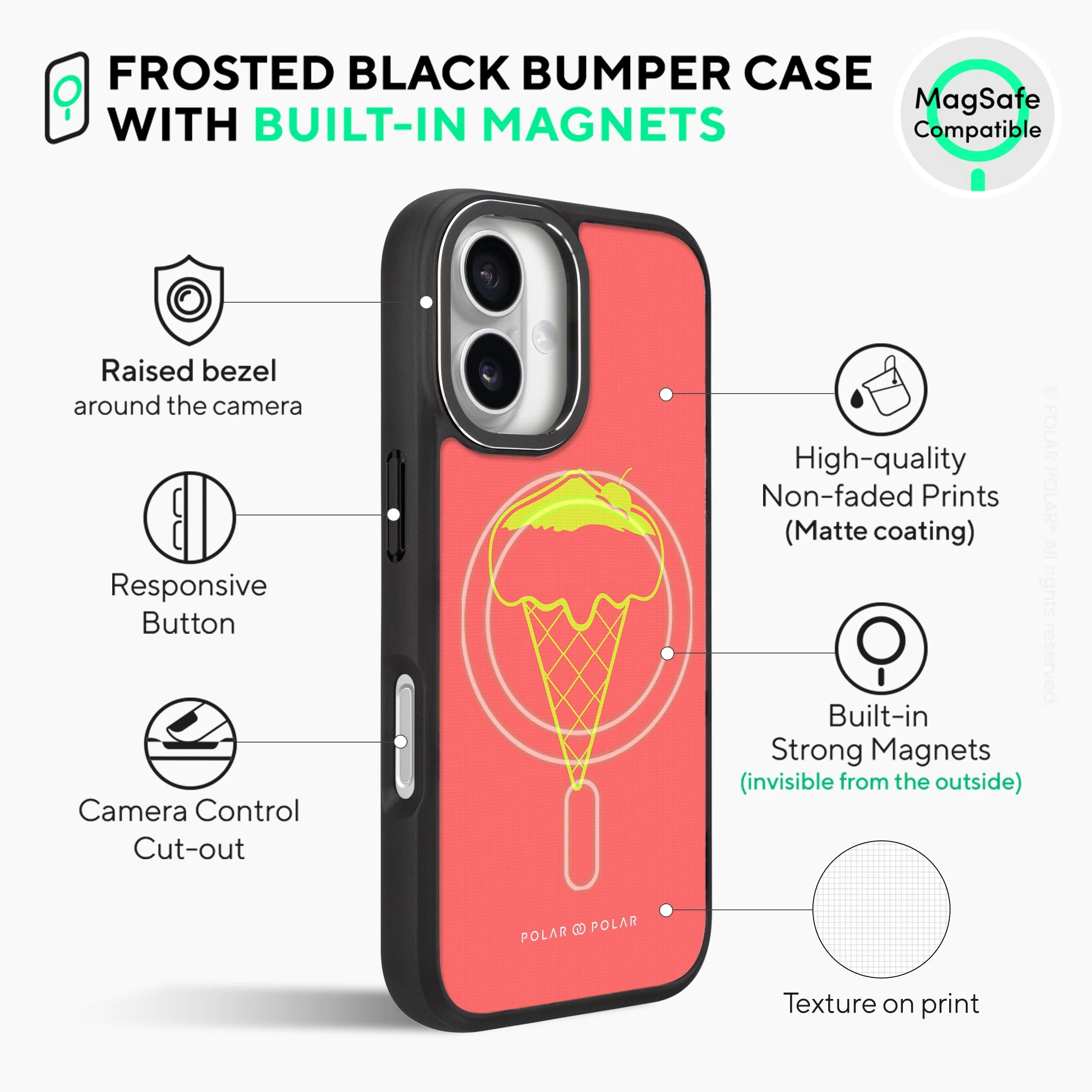 Fujisan Coral Ice Cream - iPhone 16 Plus Frosted Black Bumper MagSafe Case