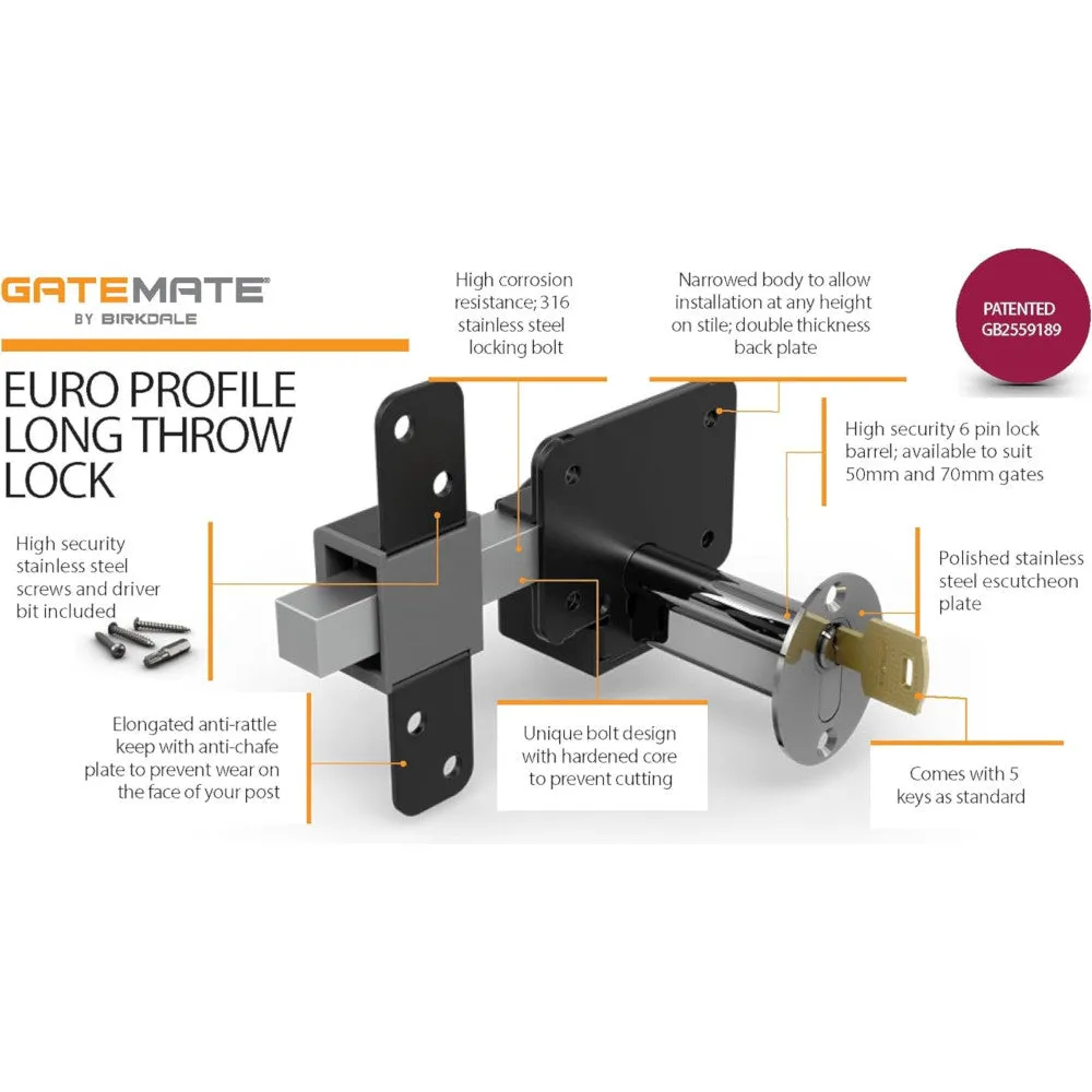Gatemate Euro Profile Long Throw Lock - Double Locking