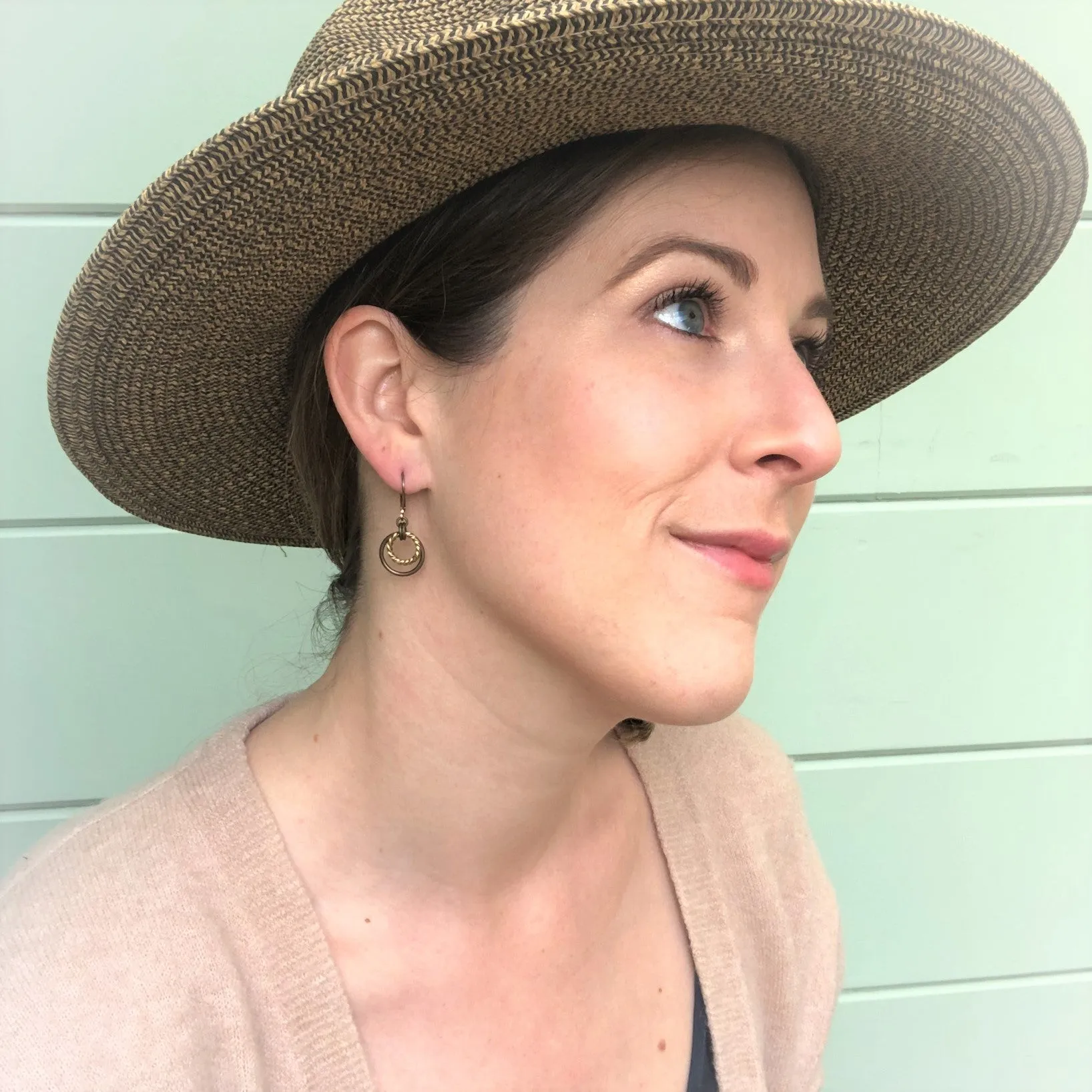 Geometric Brass Drop Earrings with Two Tone Dangle