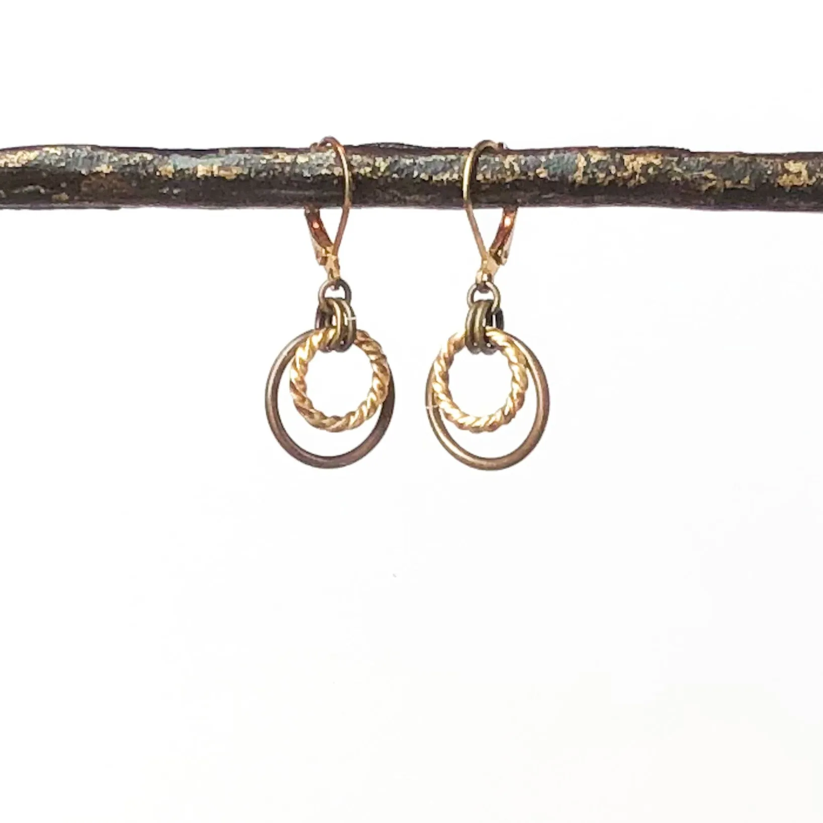 Geometric Brass Drop Earrings with Two Tone Dangle