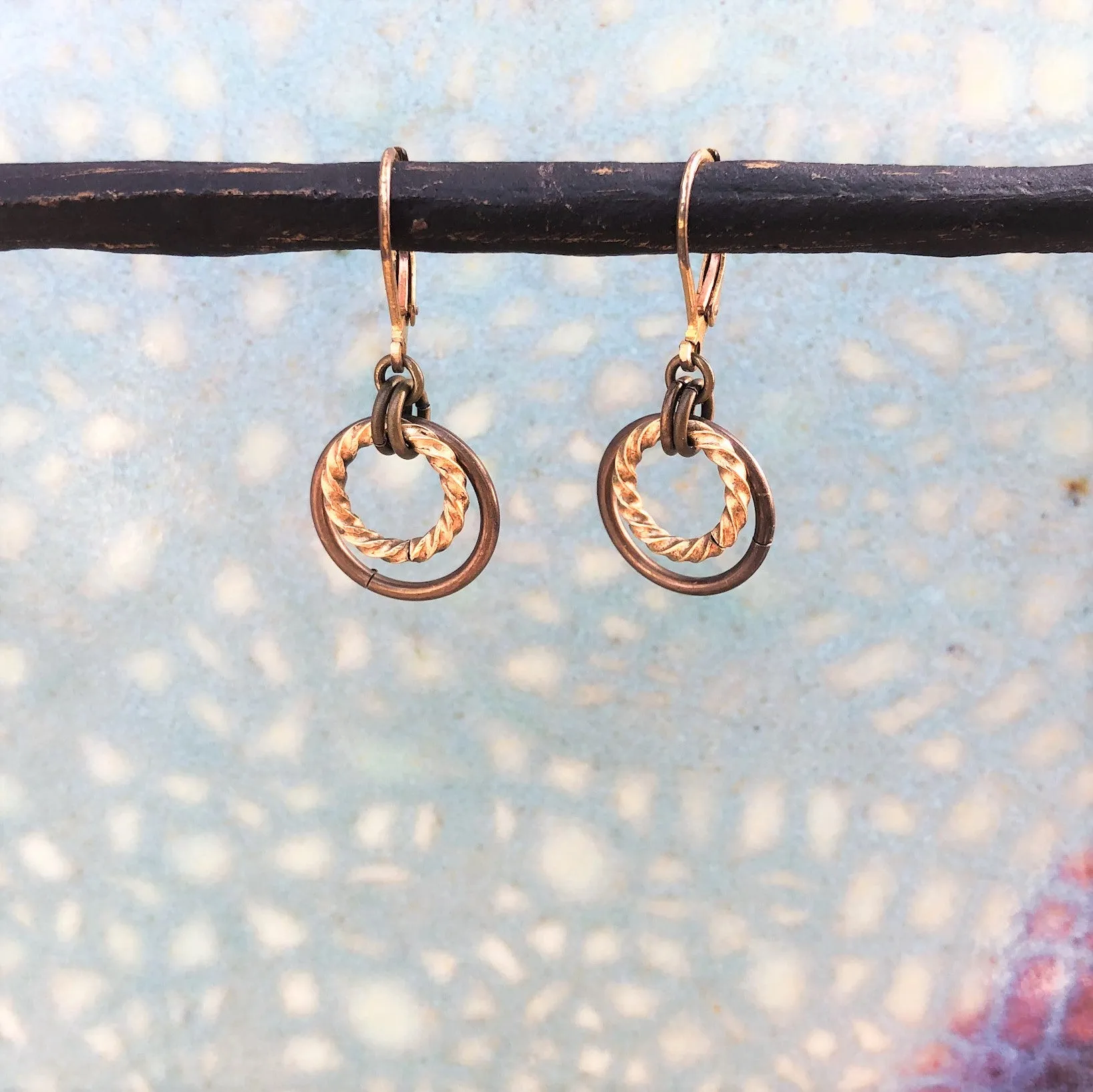 Geometric Brass Drop Earrings with Two Tone Dangle