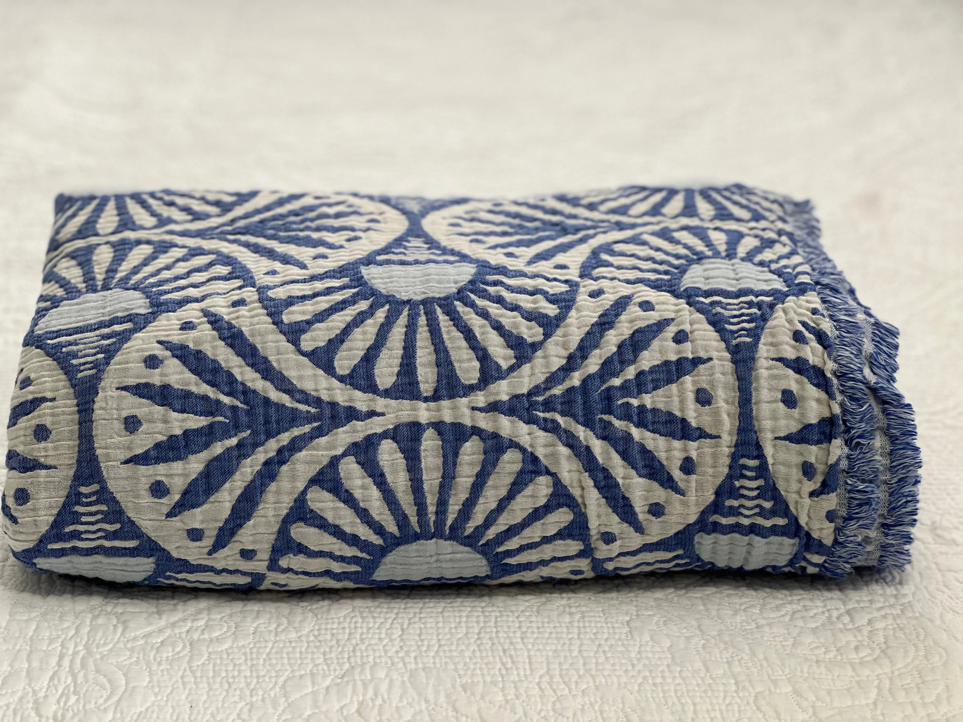 Ginkgo Muslin Bed Blanket Blue