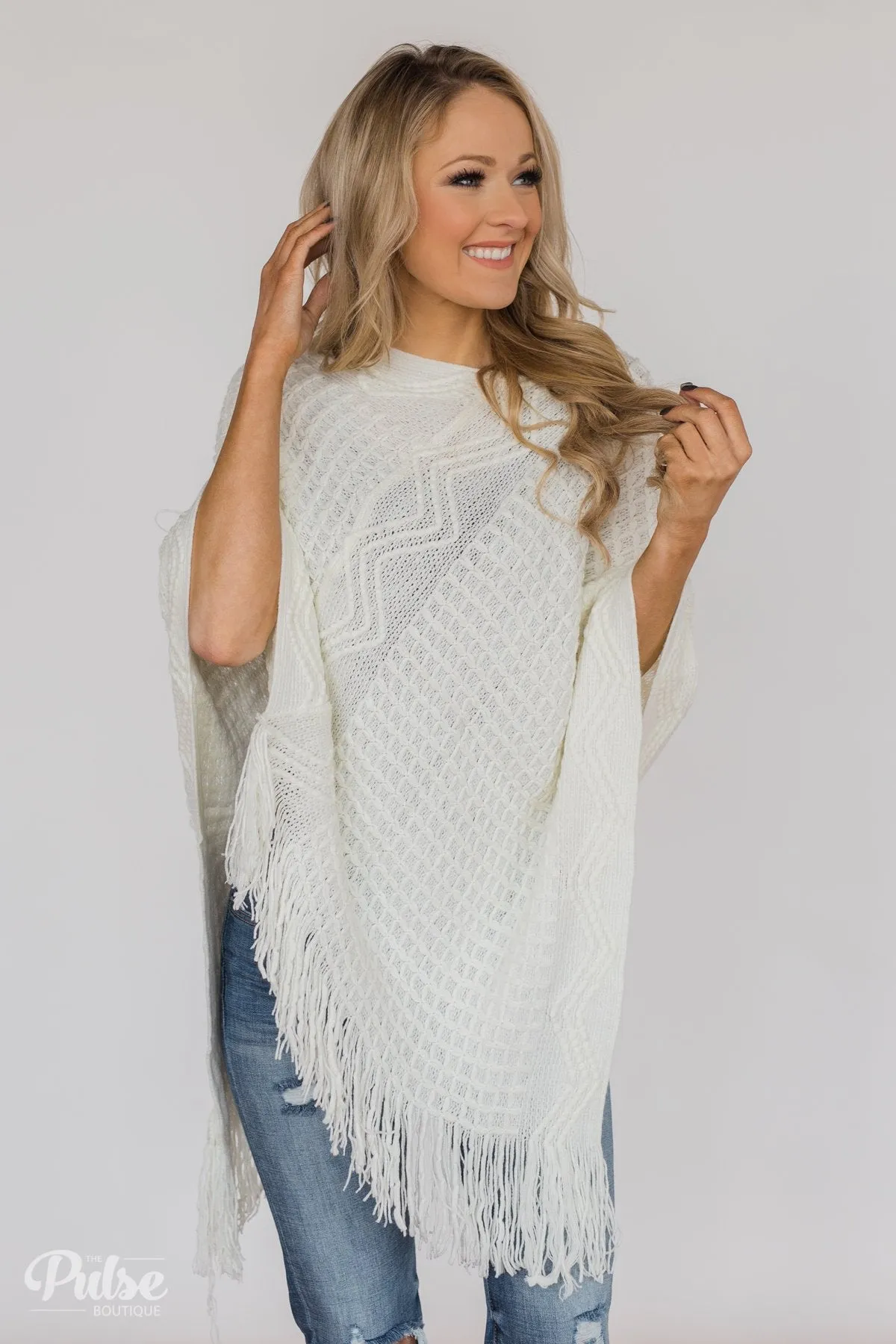 Gliding In Style Knitted Poncho Top- Ivory