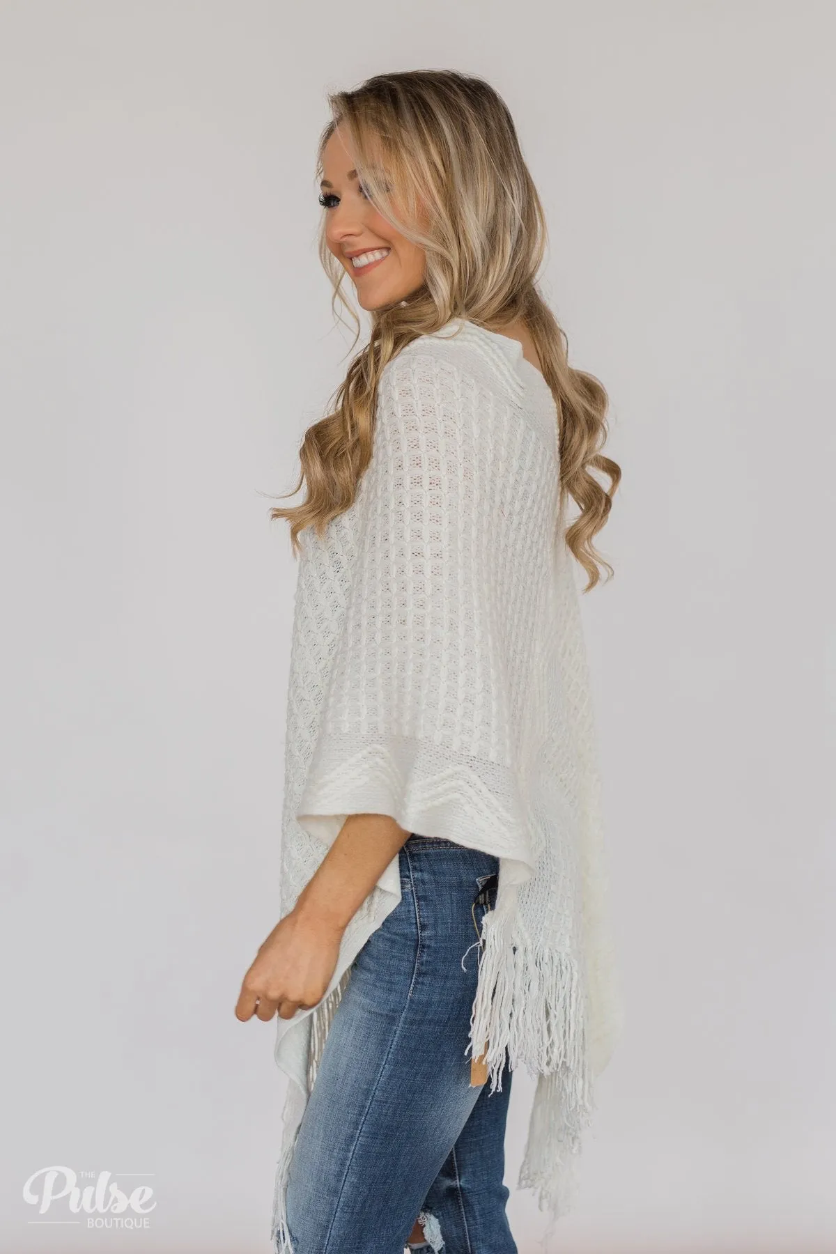 Gliding In Style Knitted Poncho Top- Ivory