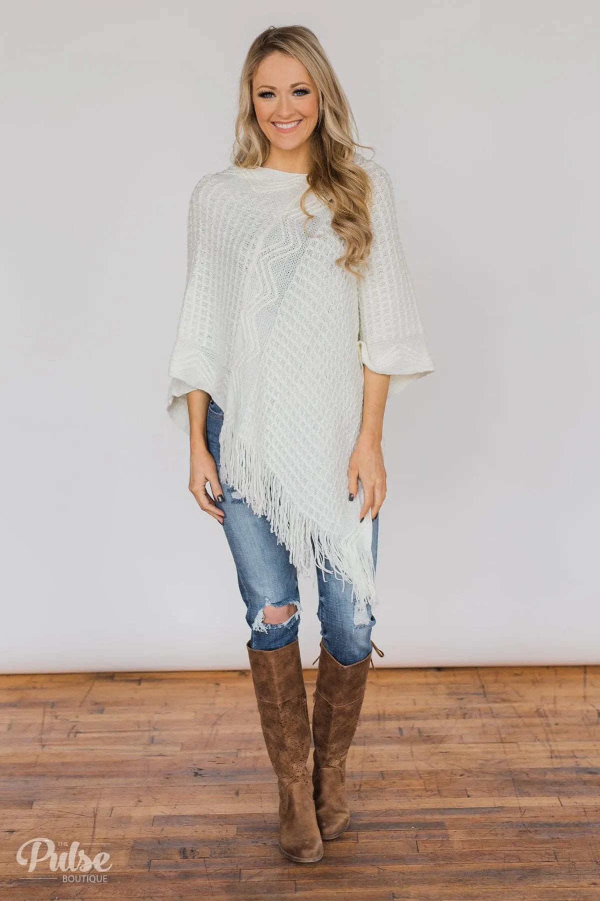 Gliding In Style Knitted Poncho Top- Ivory