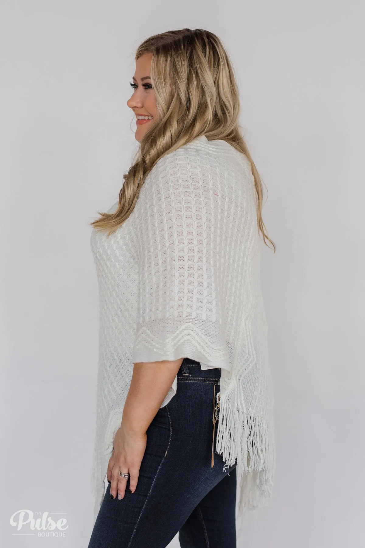 Gliding In Style Knitted Poncho Top- Ivory