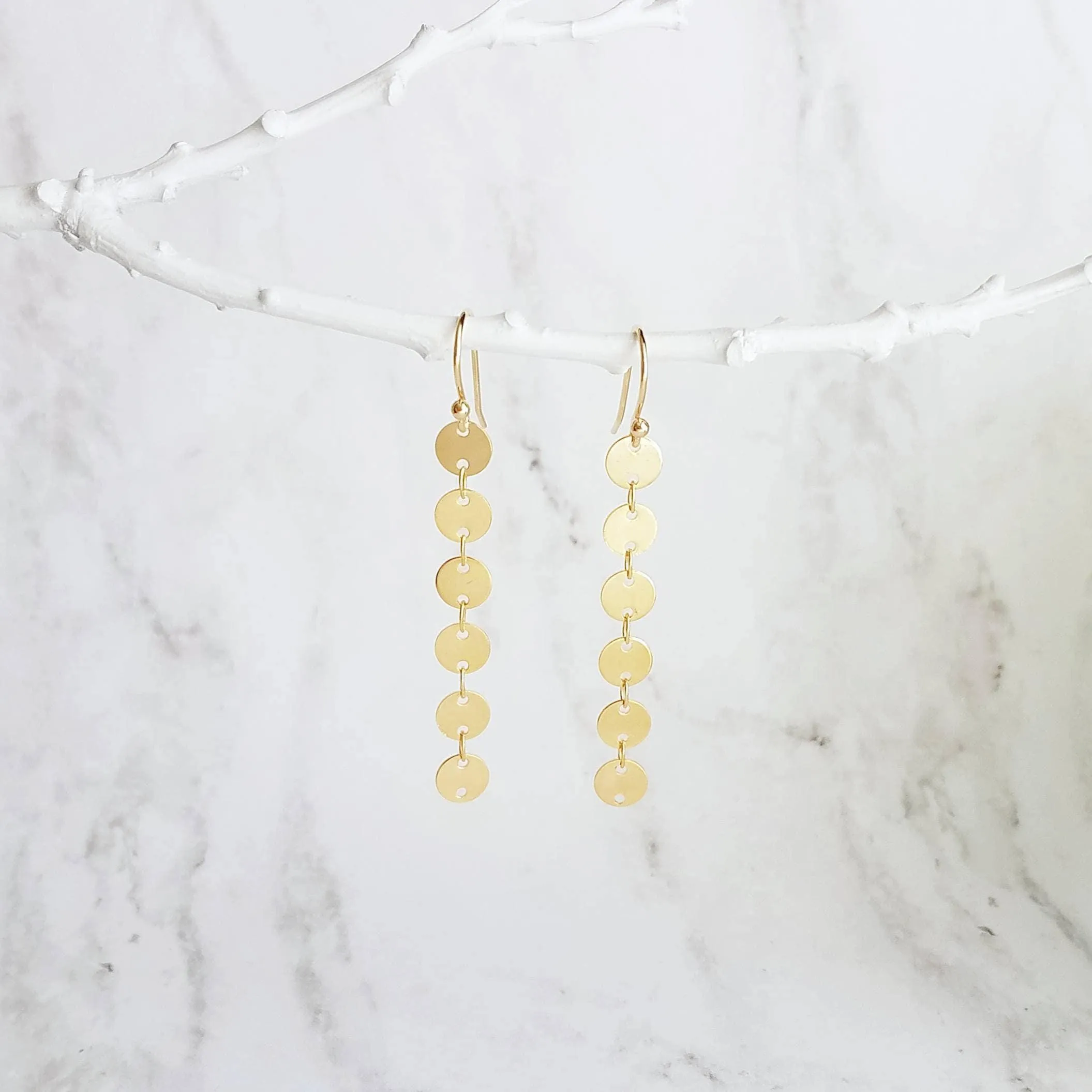 Gold Circle Earrings, connected circle earring, gold disk earring, gold sequin earring, small gold circle earring, gold tag earring, long
