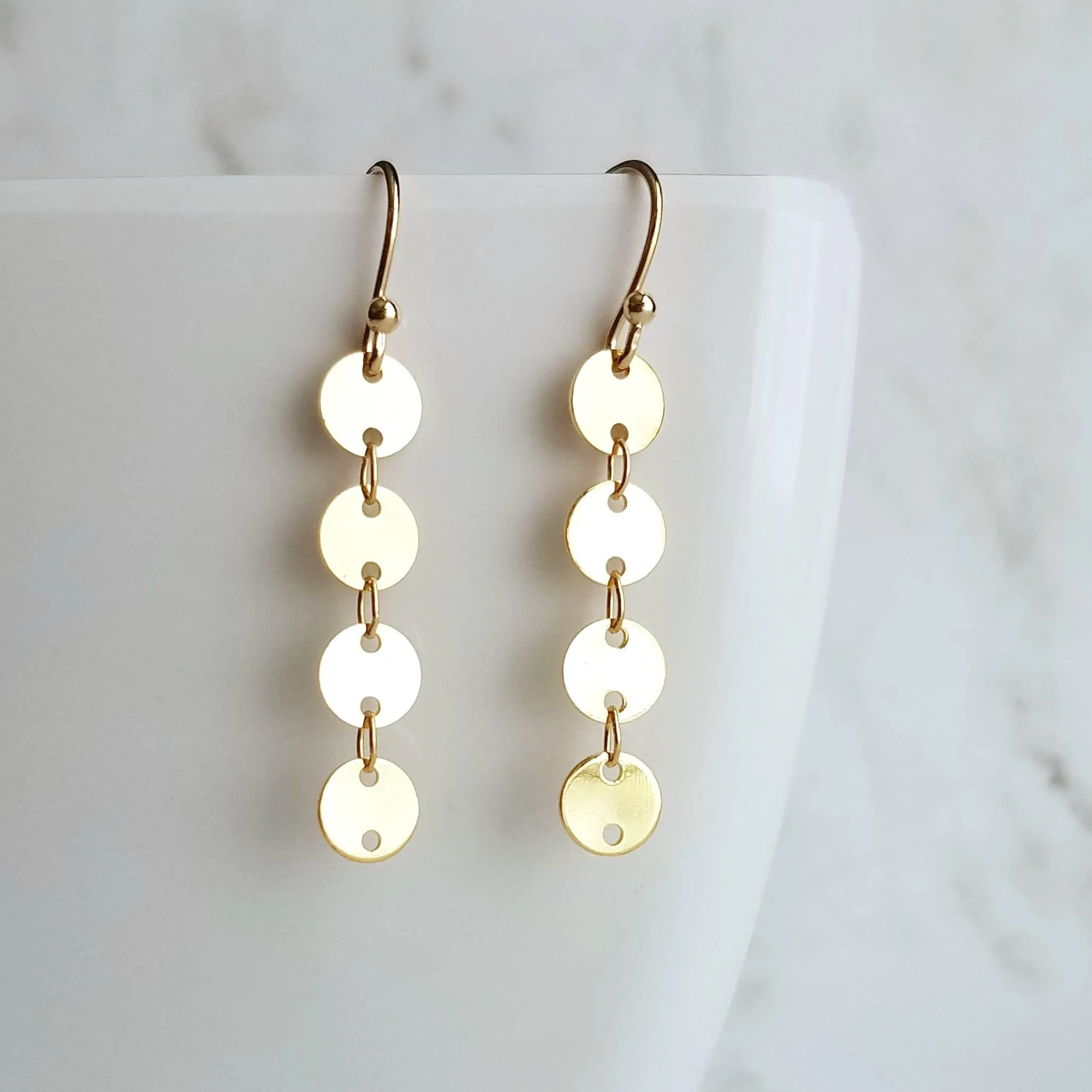 Gold Circle Earrings, connected circle earring, gold disk earring, gold sequin earring, small gold circle earring, gold tag earring, long