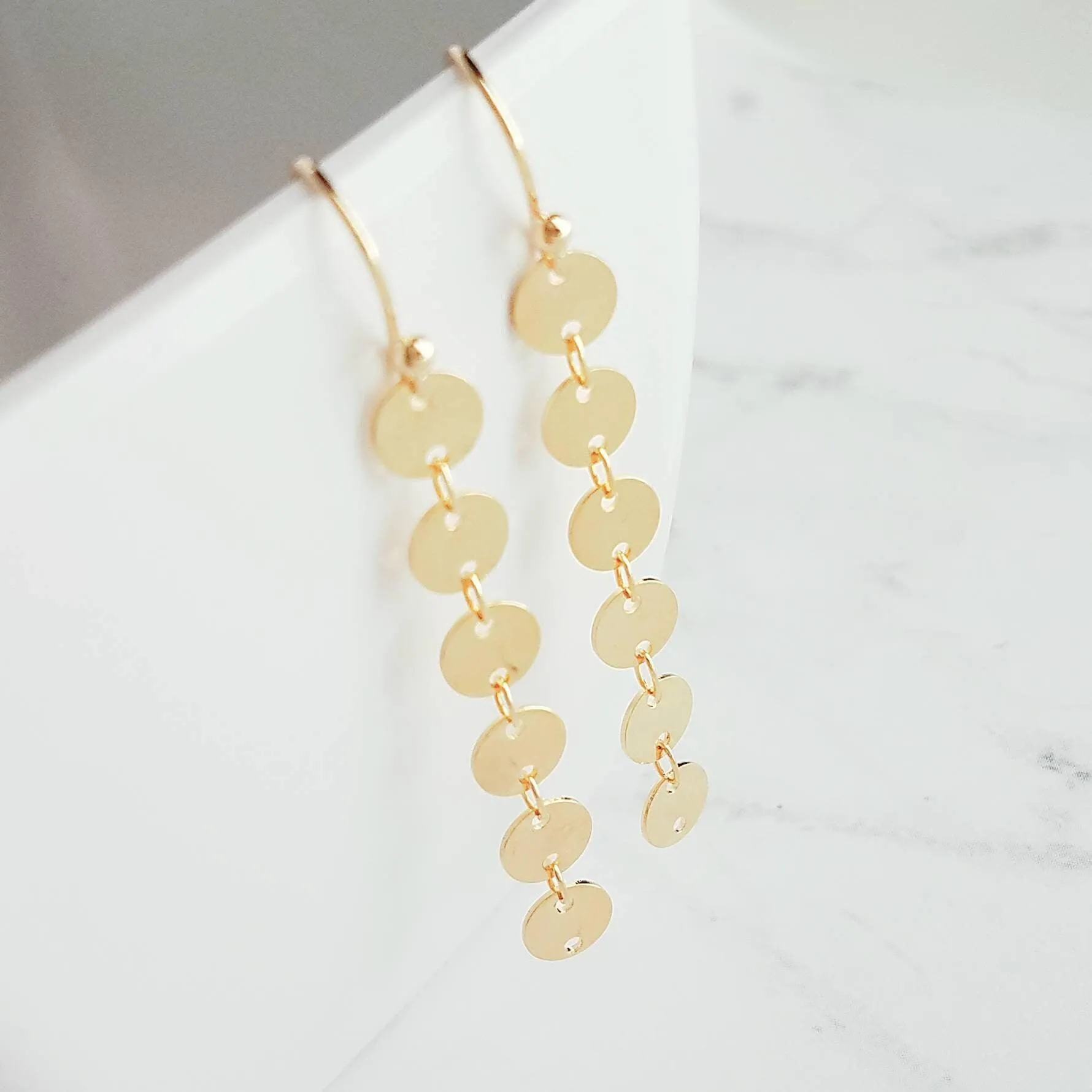 Gold Circle Earrings, connected circle earring, gold disk earring, gold sequin earring, small gold circle earring, gold tag earring, long