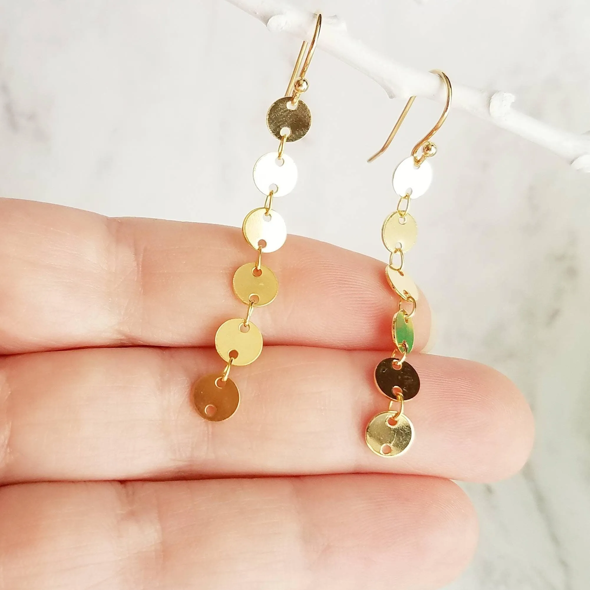 Gold Circle Earrings, connected circle earring, gold disk earring, gold sequin earring, small gold circle earring, gold tag earring, long