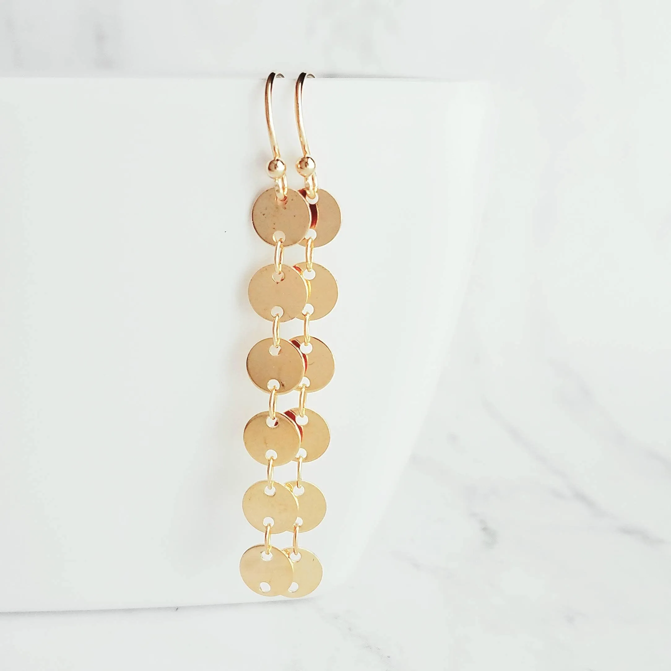 Gold Circle Earrings, connected circle earring, gold disk earring, gold sequin earring, small gold circle earring, gold tag earring, long