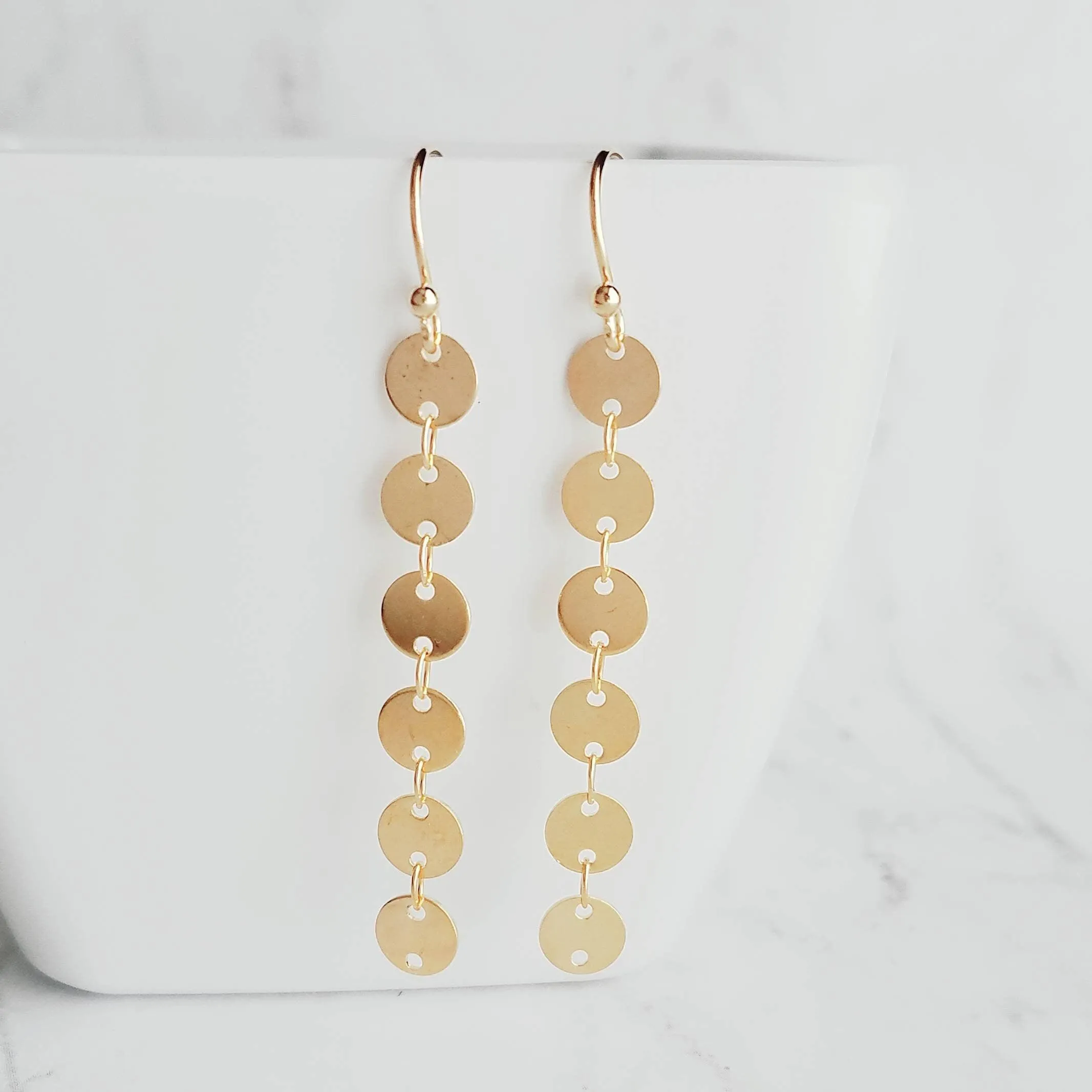 Gold Circle Earrings, connected circle earring, gold disk earring, gold sequin earring, small gold circle earring, gold tag earring, long