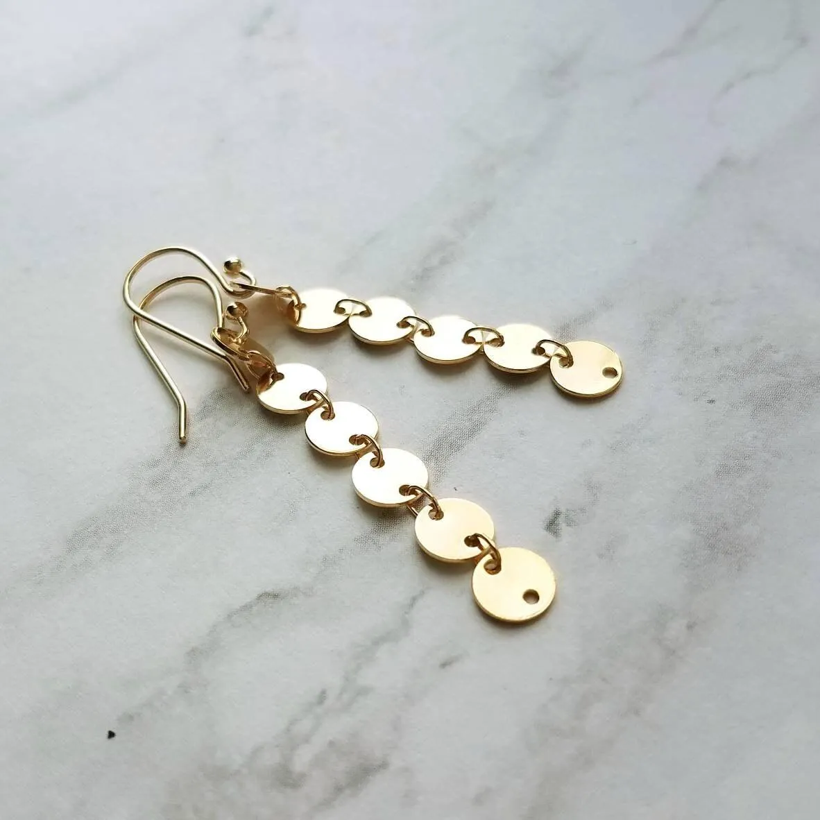 Gold Circle Earrings, connected circle earring, gold disk earring, gold sequin earring, small gold circle earring, gold tag earring, long