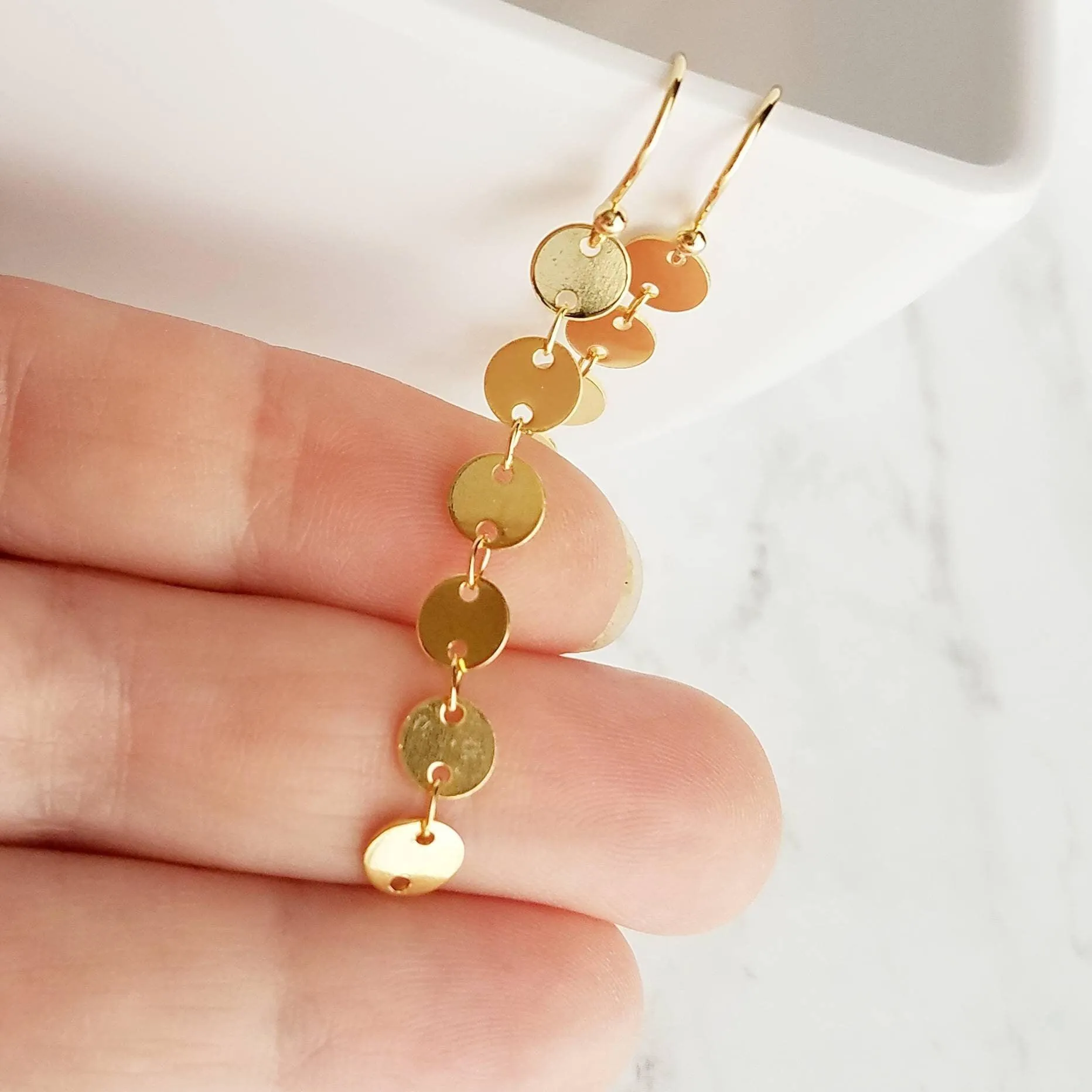 Gold Circle Earrings, connected circle earring, gold disk earring, gold sequin earring, small gold circle earring, gold tag earring, long