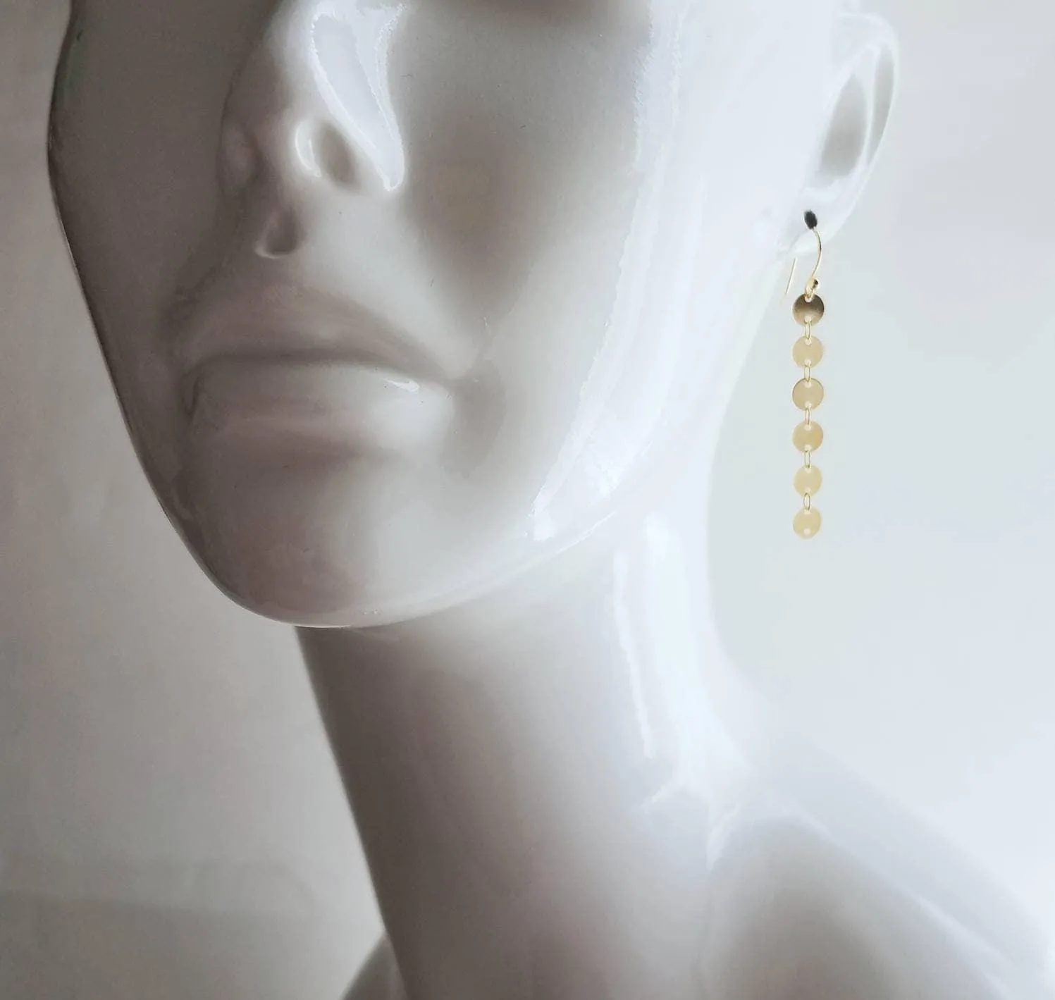 Gold Circle Earrings, connected circle earring, gold disk earring, gold sequin earring, small gold circle earring, gold tag earring, long