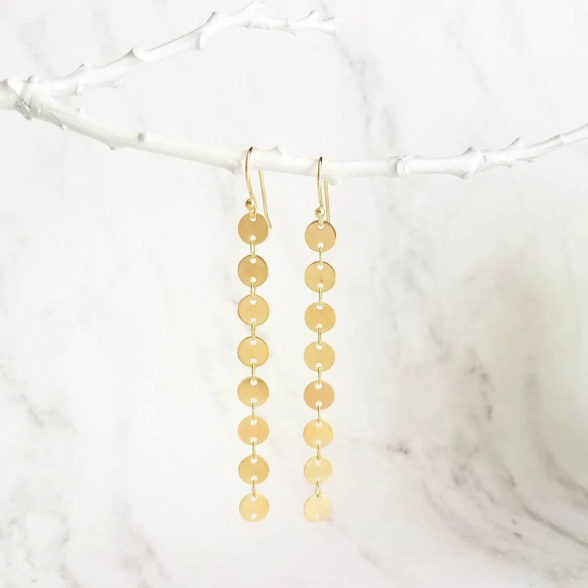 Gold Disk Earrings, gold sequin earring, gold disc earring, connected disks earring, round tag earring, gold circle earring, 4 disk earring