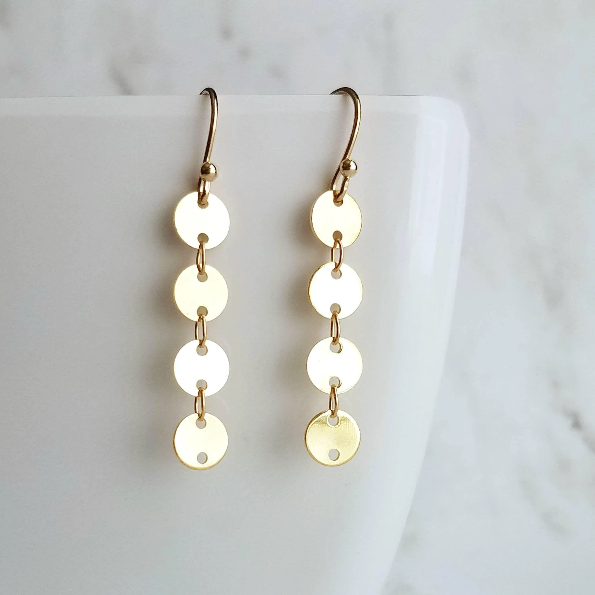 Gold Disk Earrings, gold sequin earring, gold disc earring, connected disks earring, round tag earring, gold circle earring, 4 disk earring