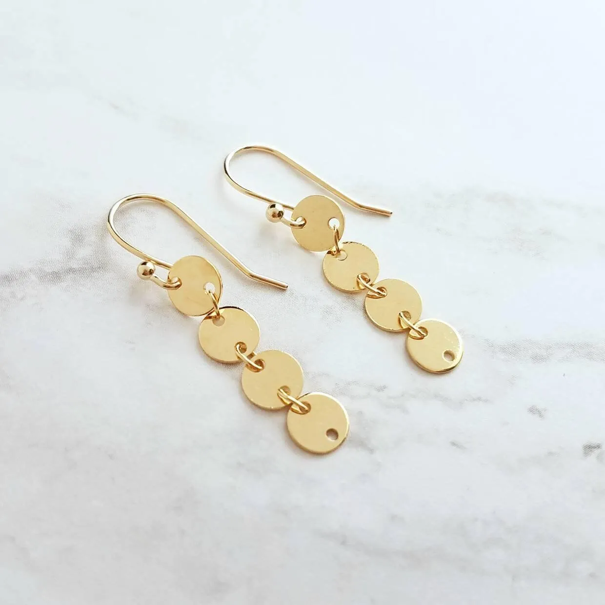 Gold Disk Earrings, gold sequin earring, gold disc earring, connected disks earring, round tag earring, gold circle earring, 4 disk earring