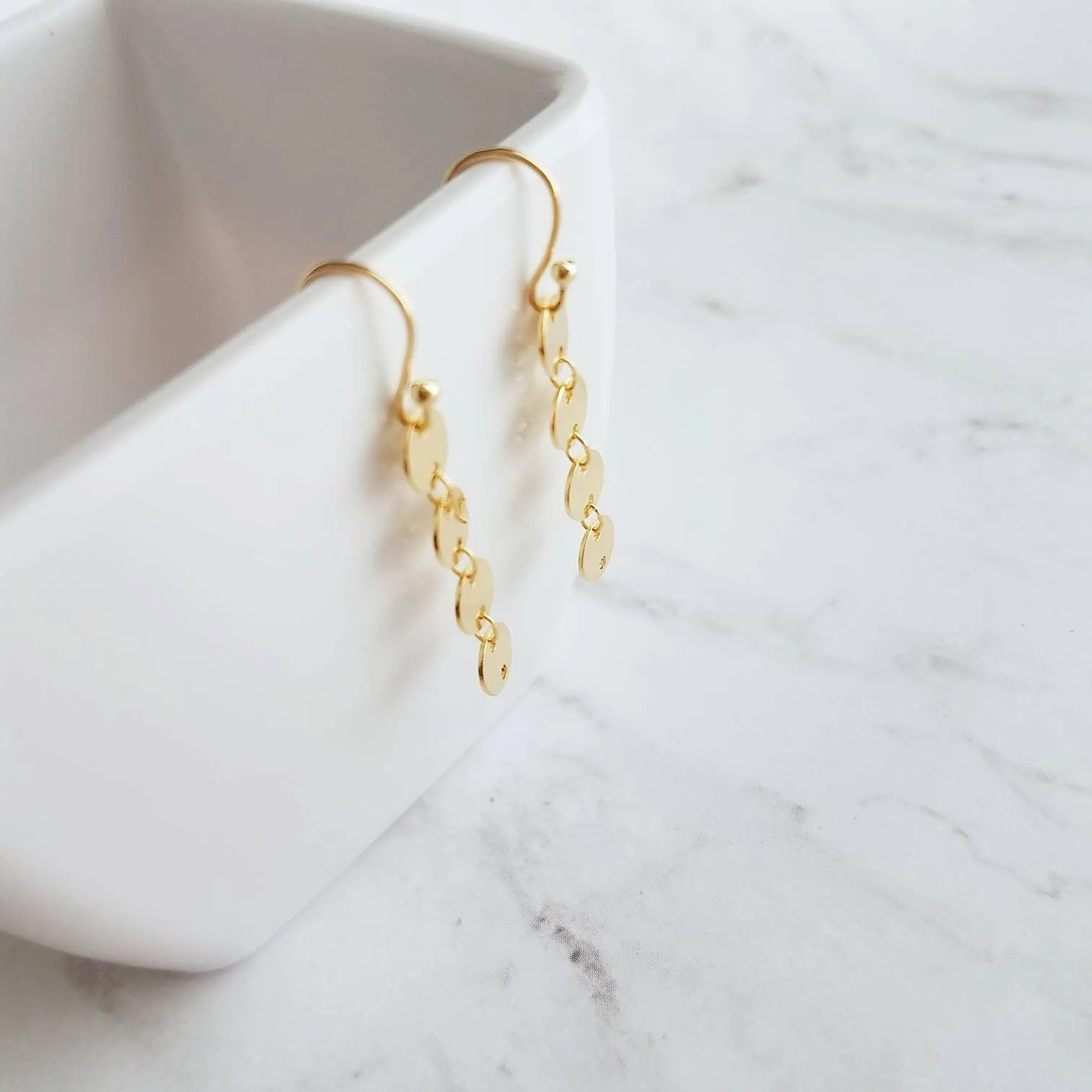 Gold Disk Earrings, gold sequin earring, gold disc earring, connected disks earring, round tag earring, gold circle earring, 4 disk earring
