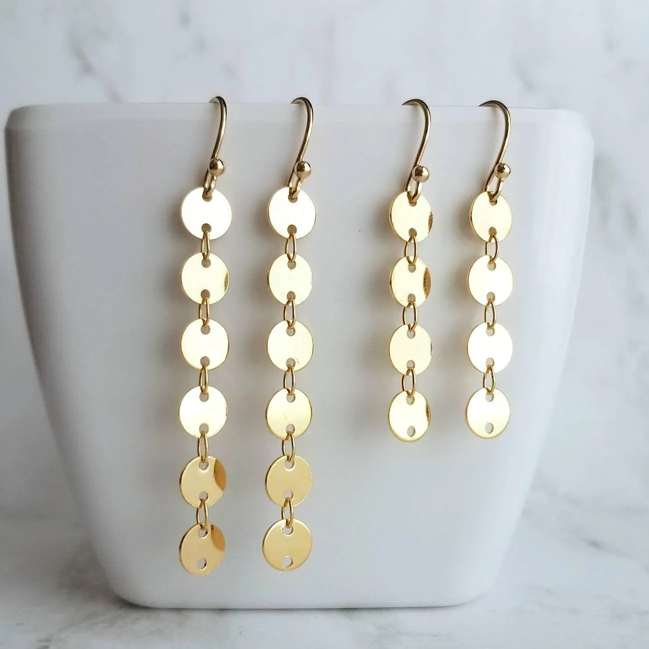 Gold Disk Earrings, gold sequin earring, gold disc earring, connected disks earring, round tag earring, gold circle earring, 4 disk earring